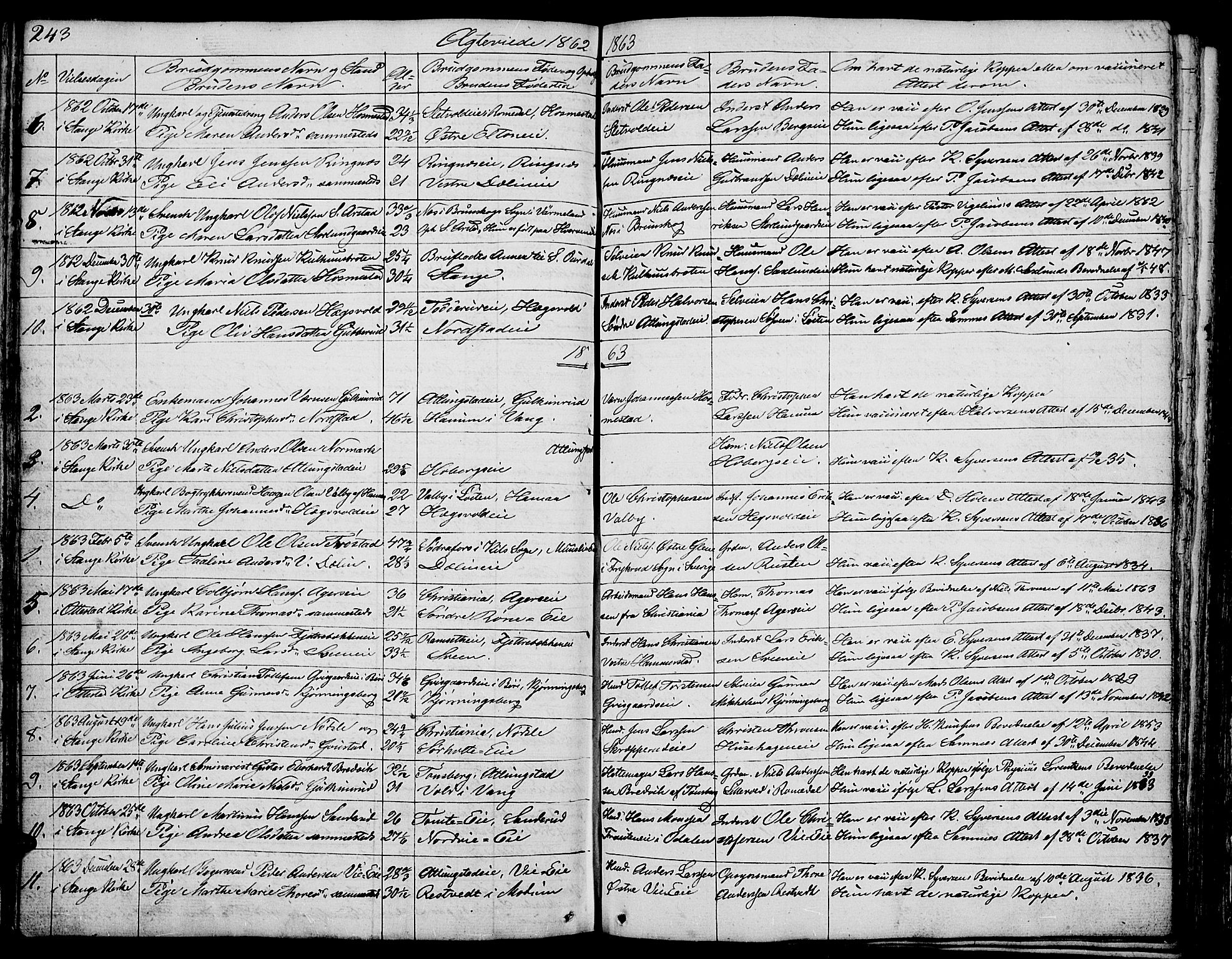 Stange prestekontor, SAH/PREST-002/L/L0002: Parish register (copy) no. 2, 1838-1879, p. 243