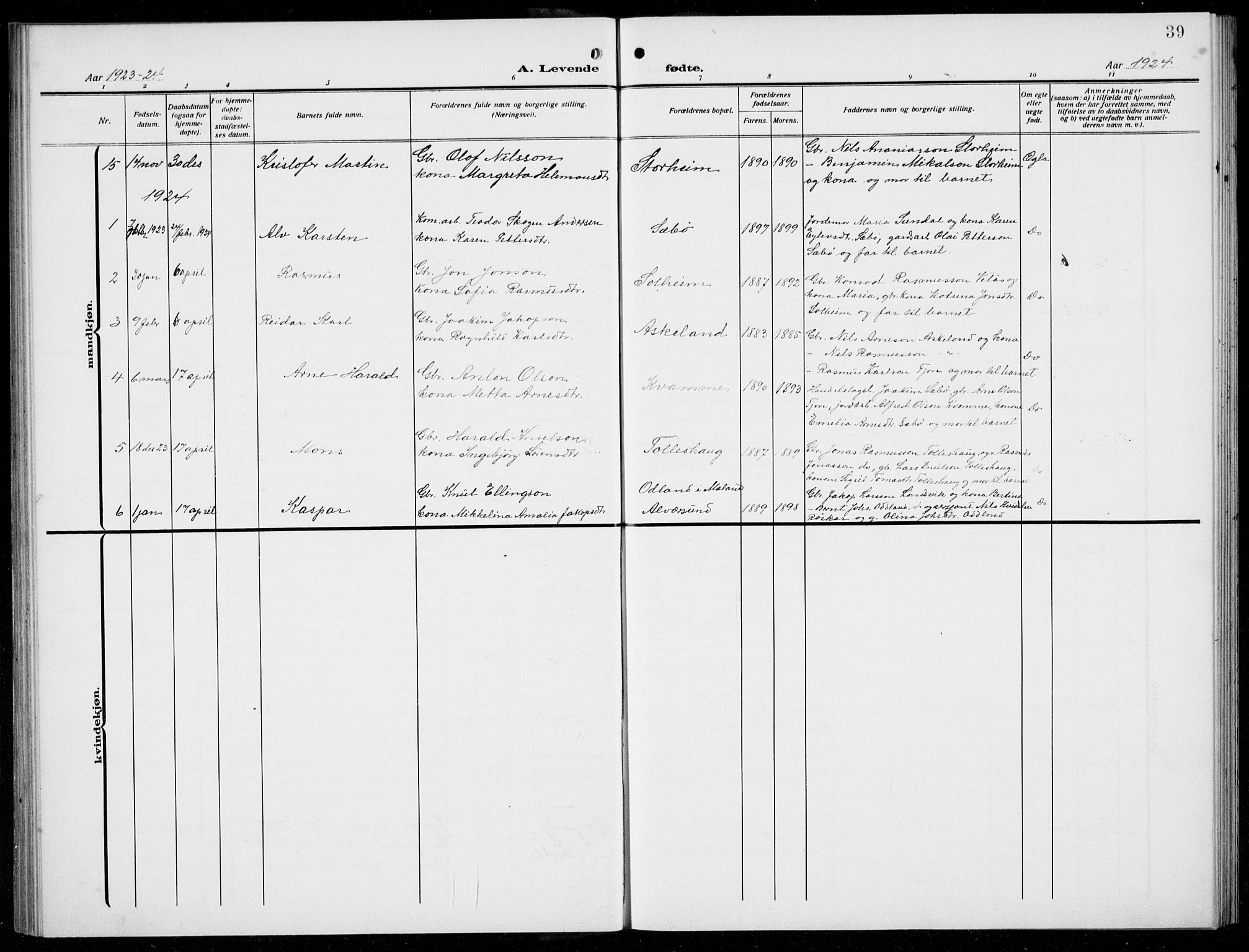 Manger sokneprestembete, SAB/A-76801/H/Hab: Parish register (copy) no. D  4, 1910-1935, p. 39