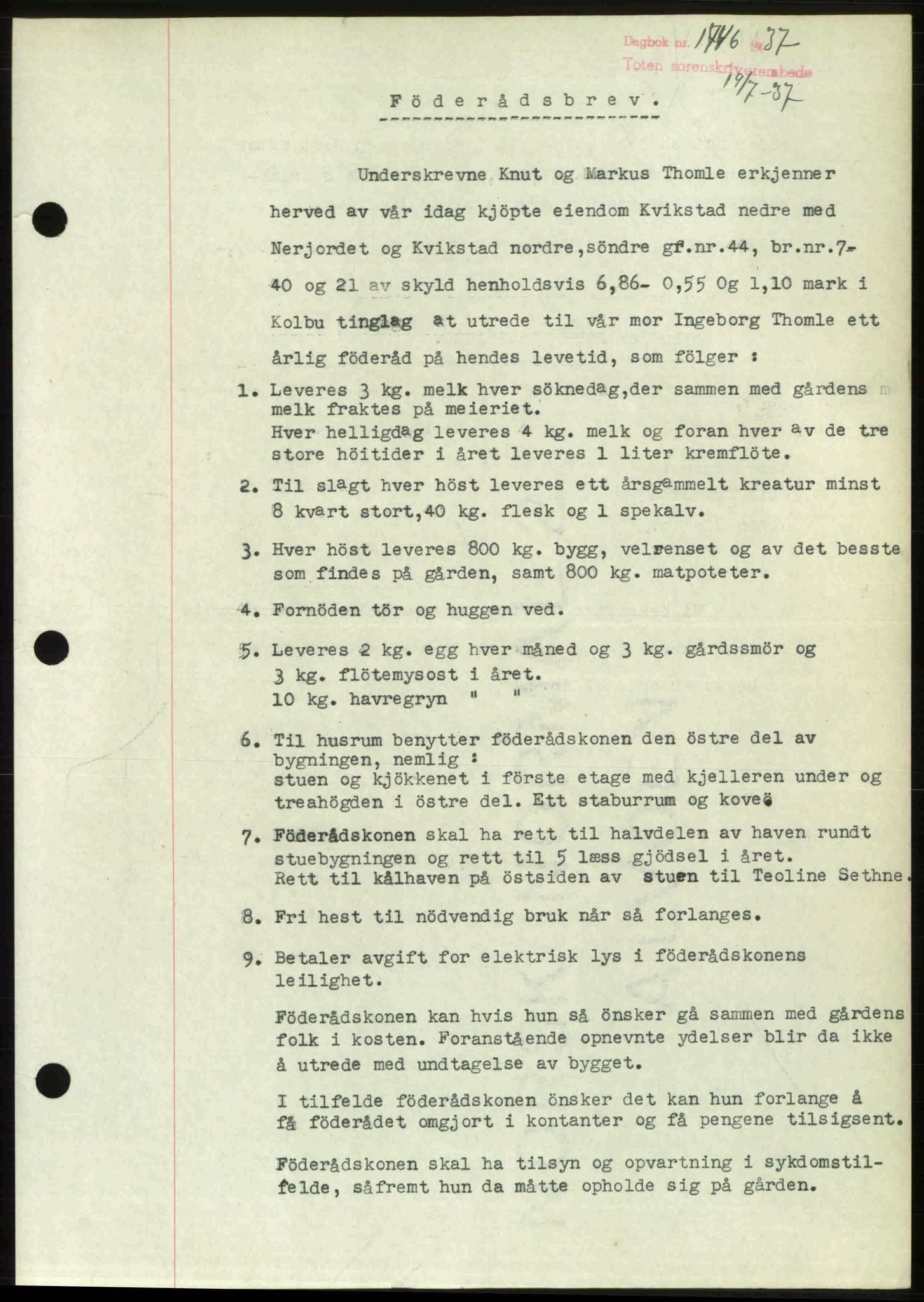 Toten tingrett, SAH/TING-006/H/Hb/Hbc/L0003: Mortgage book no. Hbc-03, 1937-1938, Diary no: : 1746/1937