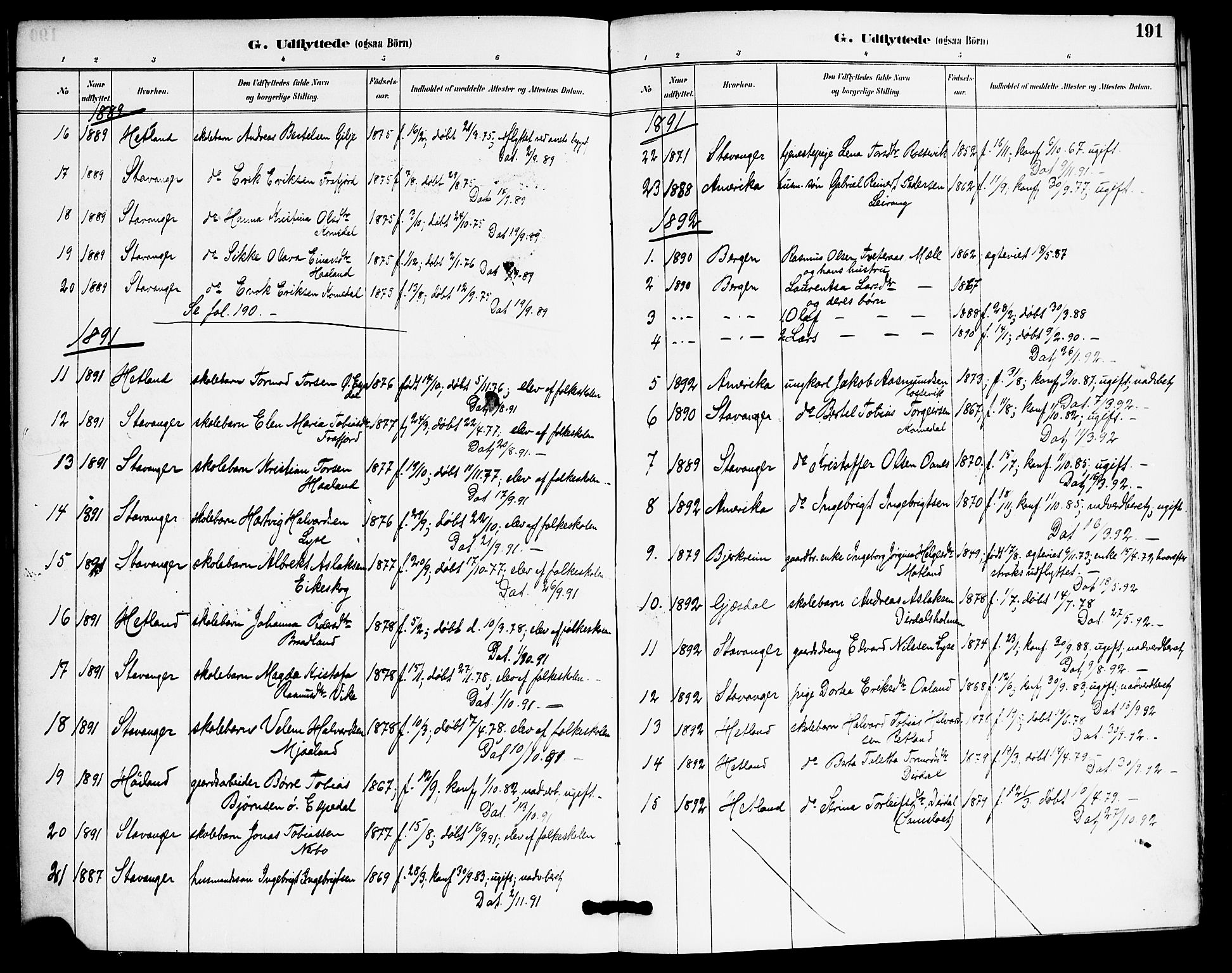 Høgsfjord sokneprestkontor, SAST/A-101624/H/Ha/Haa/L0006: Parish register (official) no. A 6, 1885-1897, p. 191