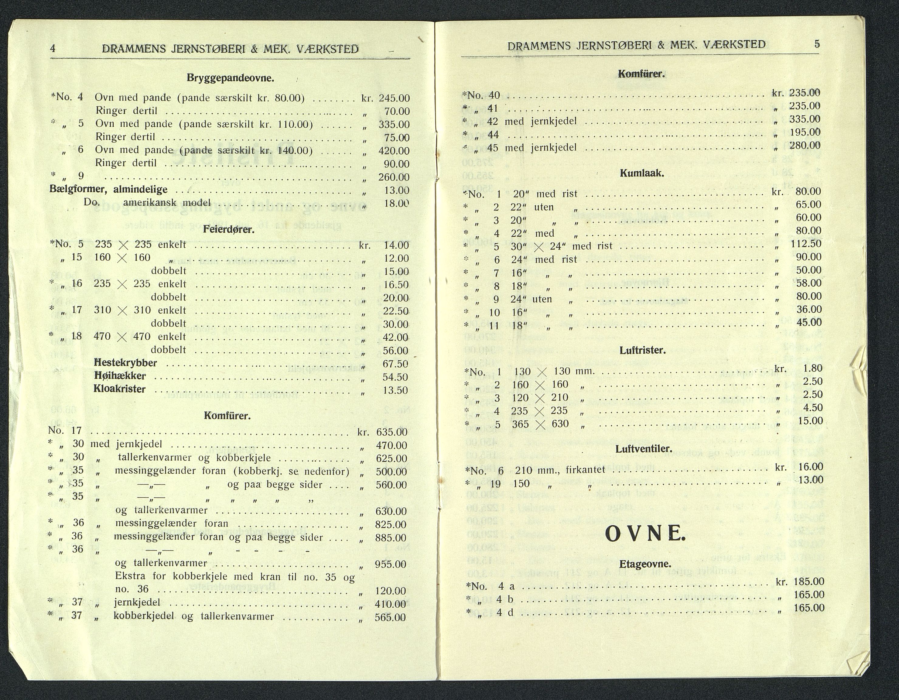 Næs Jernverksmuseets samling av historiske ovnskataloger, NESJ/NJM-006/01/L0038: Drammens Jernstøberi & mek. Værksted, Prisliste over ovne og andet bygningsstøpegods, nedsatte priser fra 14.4.1923, 1923