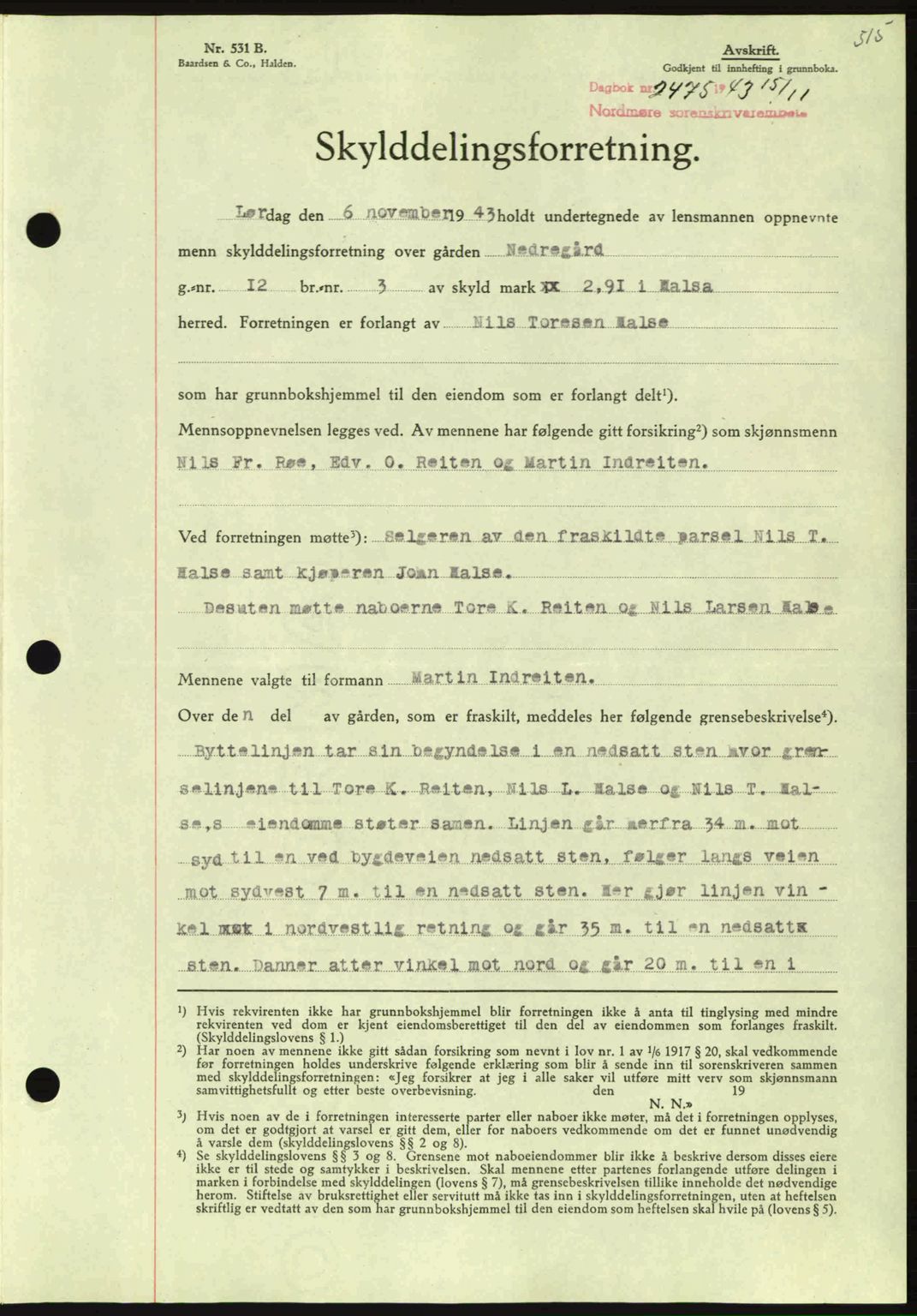 Nordmøre sorenskriveri, SAT/A-4132/1/2/2Ca: Mortgage book no. A96, 1943-1944, Diary no: : 2475/1943