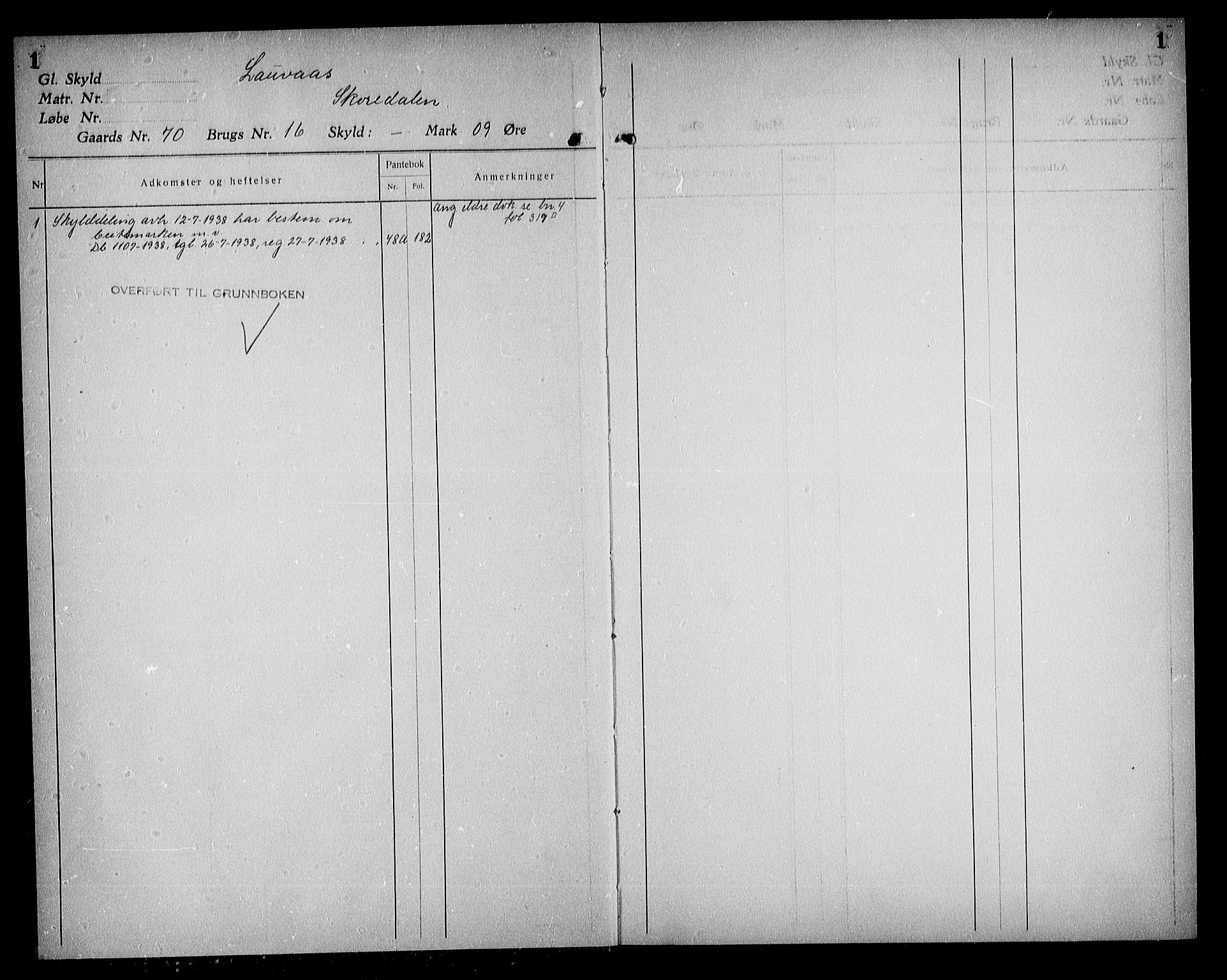 Torridal sorenskriveri, SAK/1221-0012/G/Ga/L0011: Mortgage register no. 11, 1938-1939, p. 1