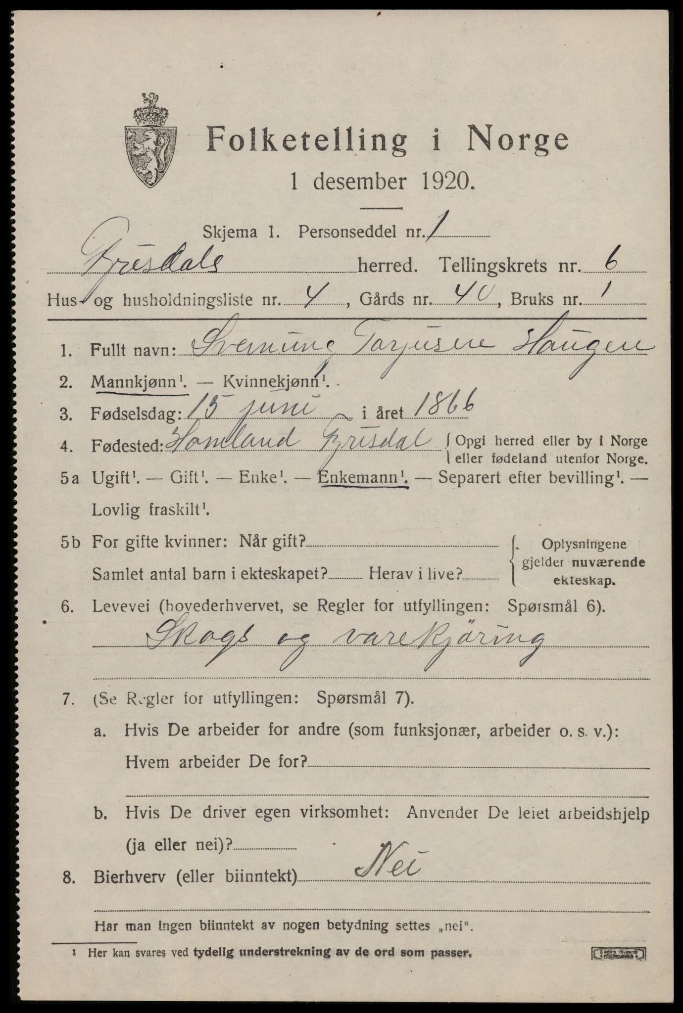 SAKO, 1920 census for Fyresdal, 1920, p. 2319