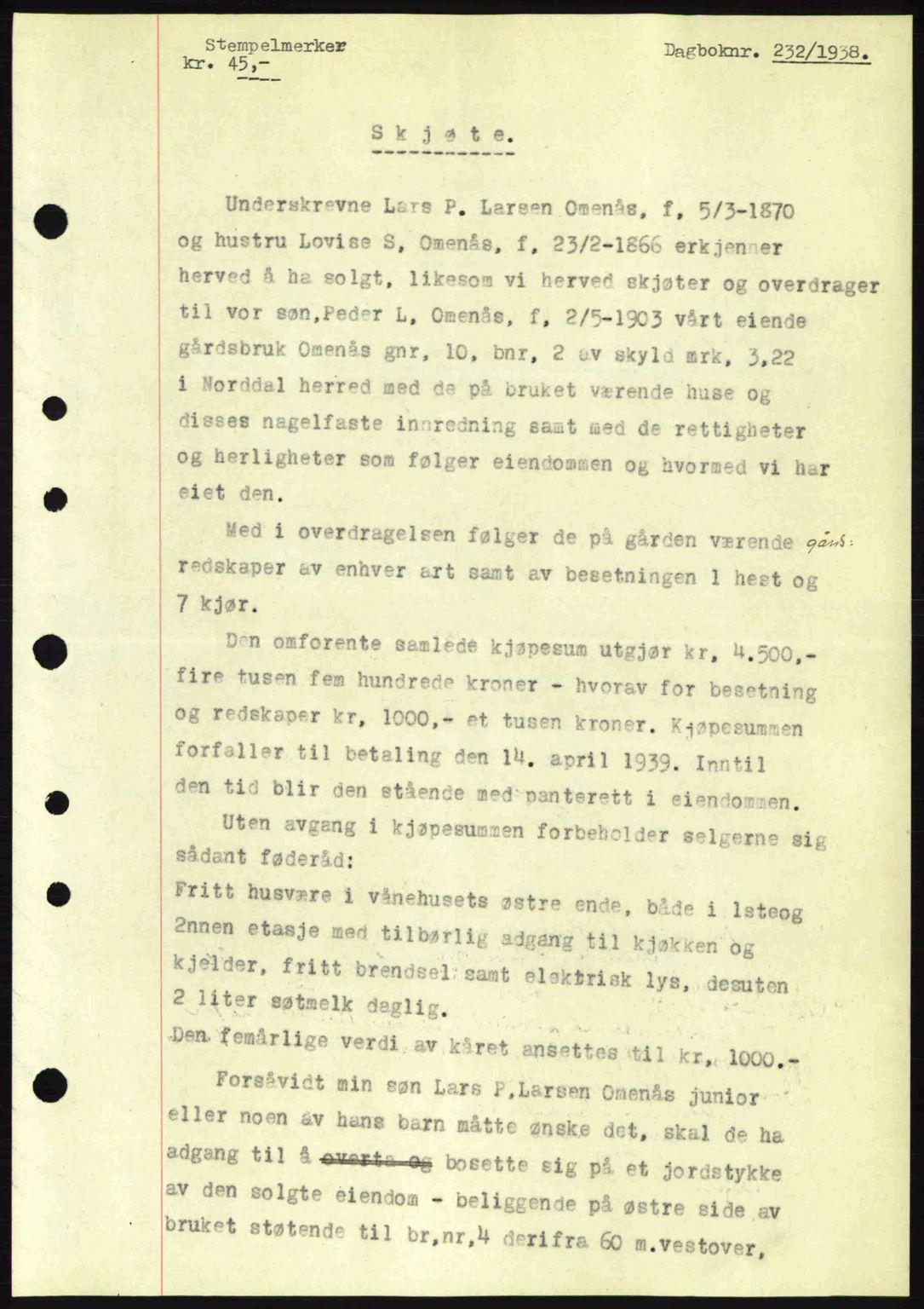 Nordre Sunnmøre sorenskriveri, AV/SAT-A-0006/1/2/2C/2Ca: Mortgage book no. A4, 1937-1938, Diary no: : 232/1938