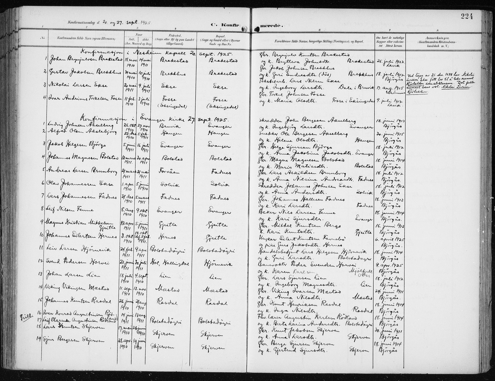 Evanger sokneprestembete, SAB/A-99924: Parish register (official) no. A  3, 1900-1930, p. 224