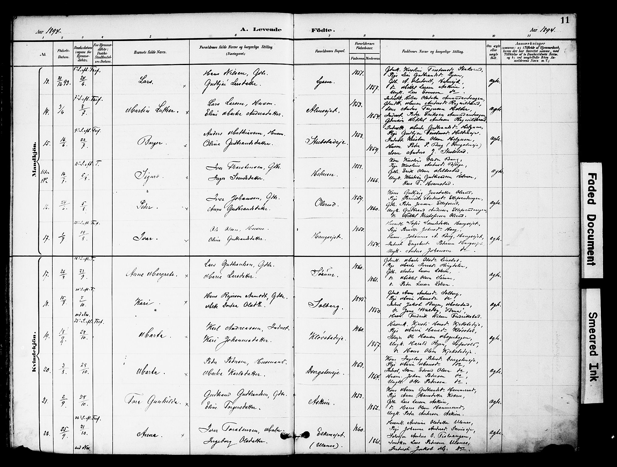 Brandbu prestekontor, SAH/PREST-114/H/Ha/Hab/L0006: Parish register (copy) no. 6, 1893-1902, p. 11