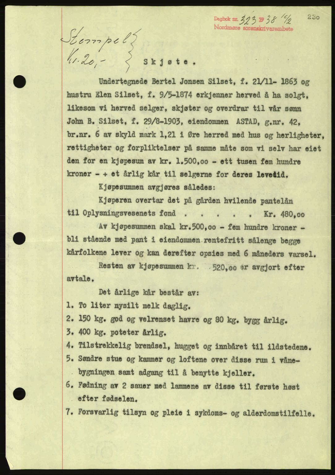 Nordmøre sorenskriveri, AV/SAT-A-4132/1/2/2Ca: Mortgage book no. A83, 1938-1938, Diary no: : 323/1938