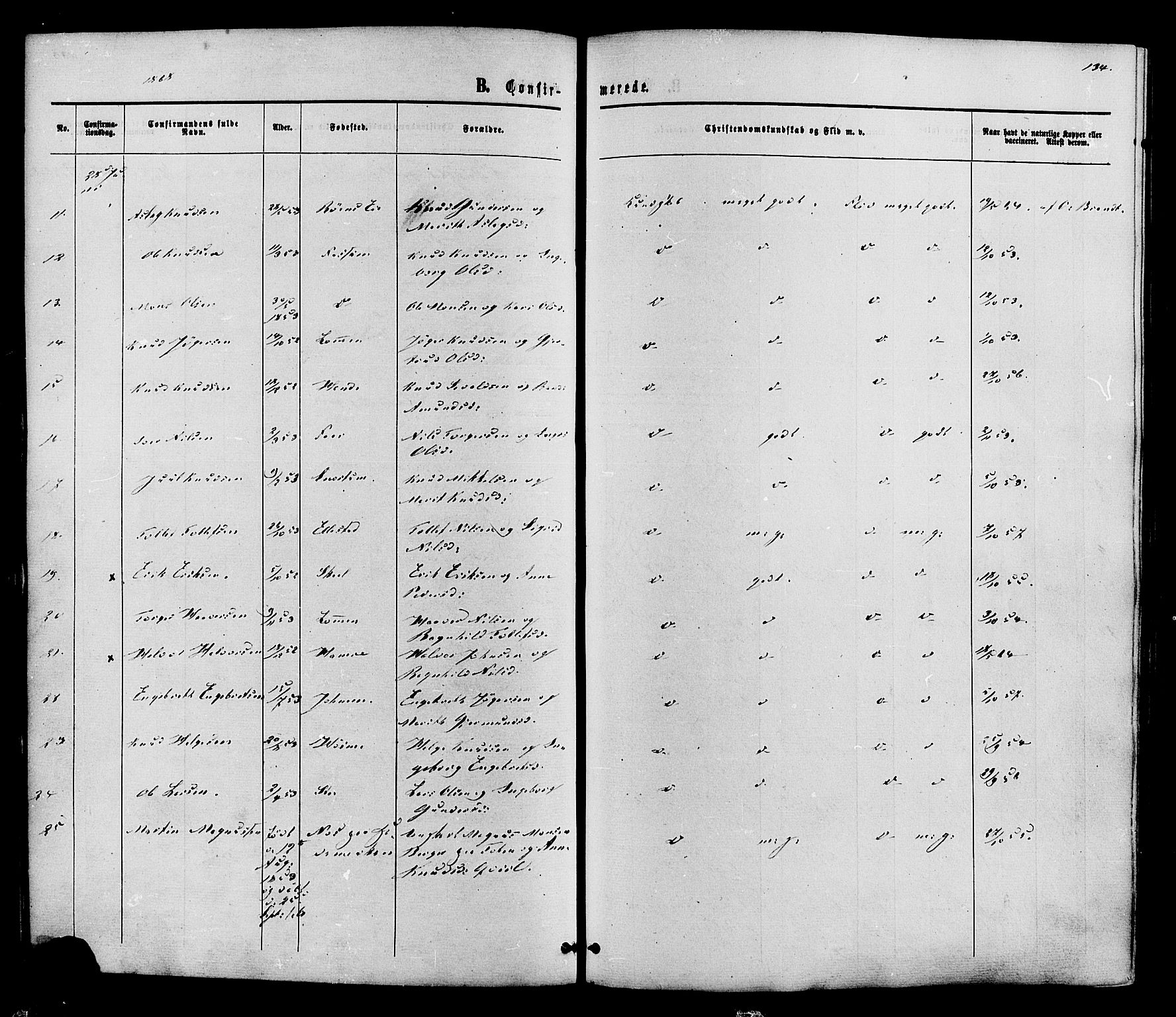 Vestre Slidre prestekontor, SAH/PREST-136/H/Ha/Haa/L0003: Parish register (official) no. 3, 1865-1880, p. 134