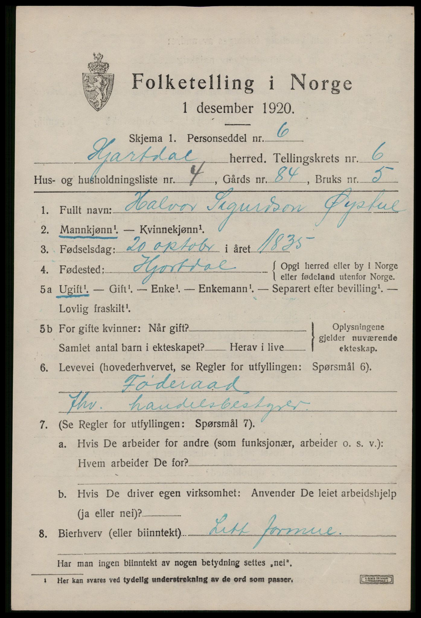 SAKO, 1920 census for Hjartdal, 1920, p. 4058