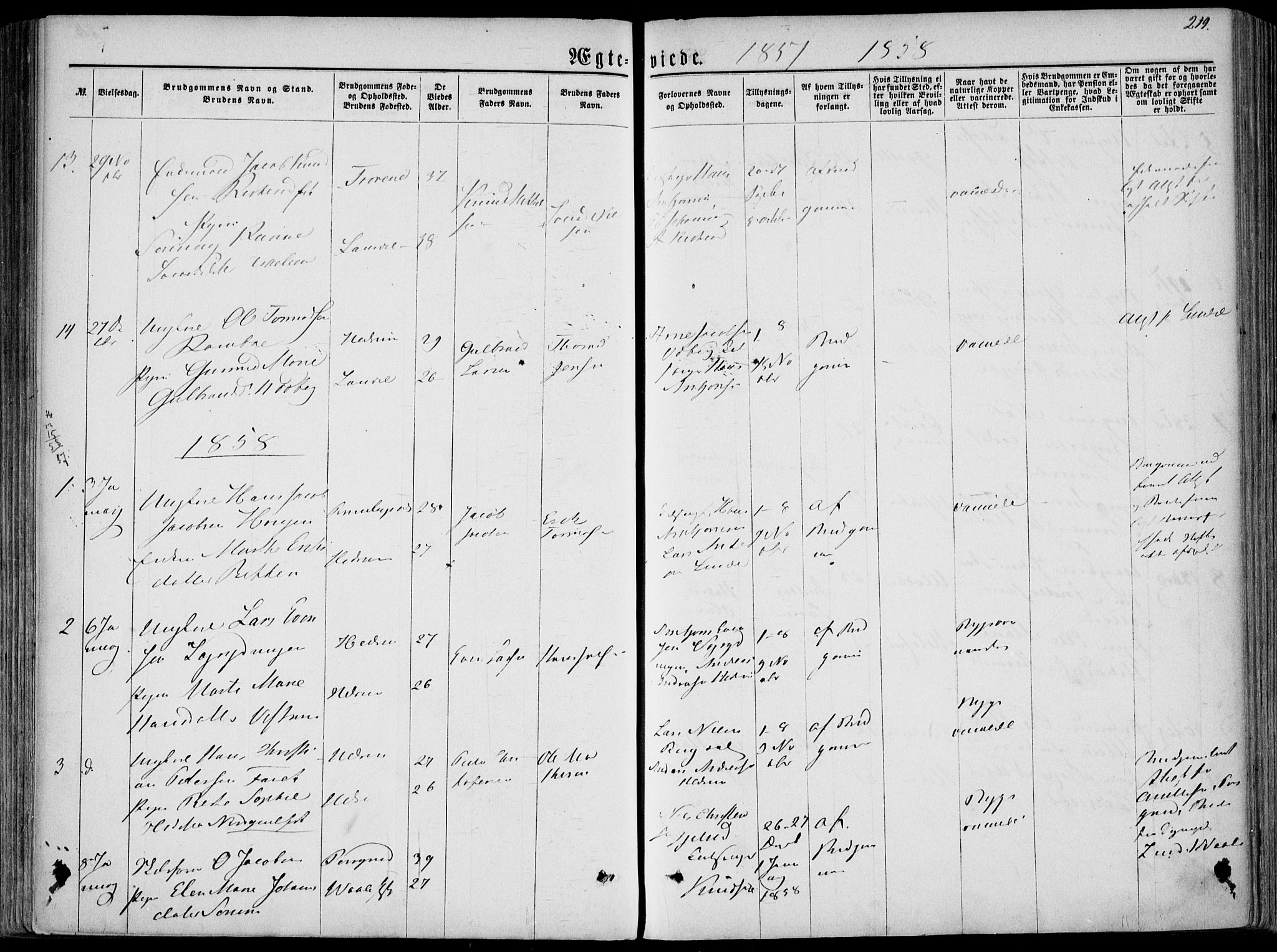 Hedrum kirkebøker, AV/SAKO-A-344/F/Fa/L0007: Parish register (official) no. I 7, 1857-1868, p. 219