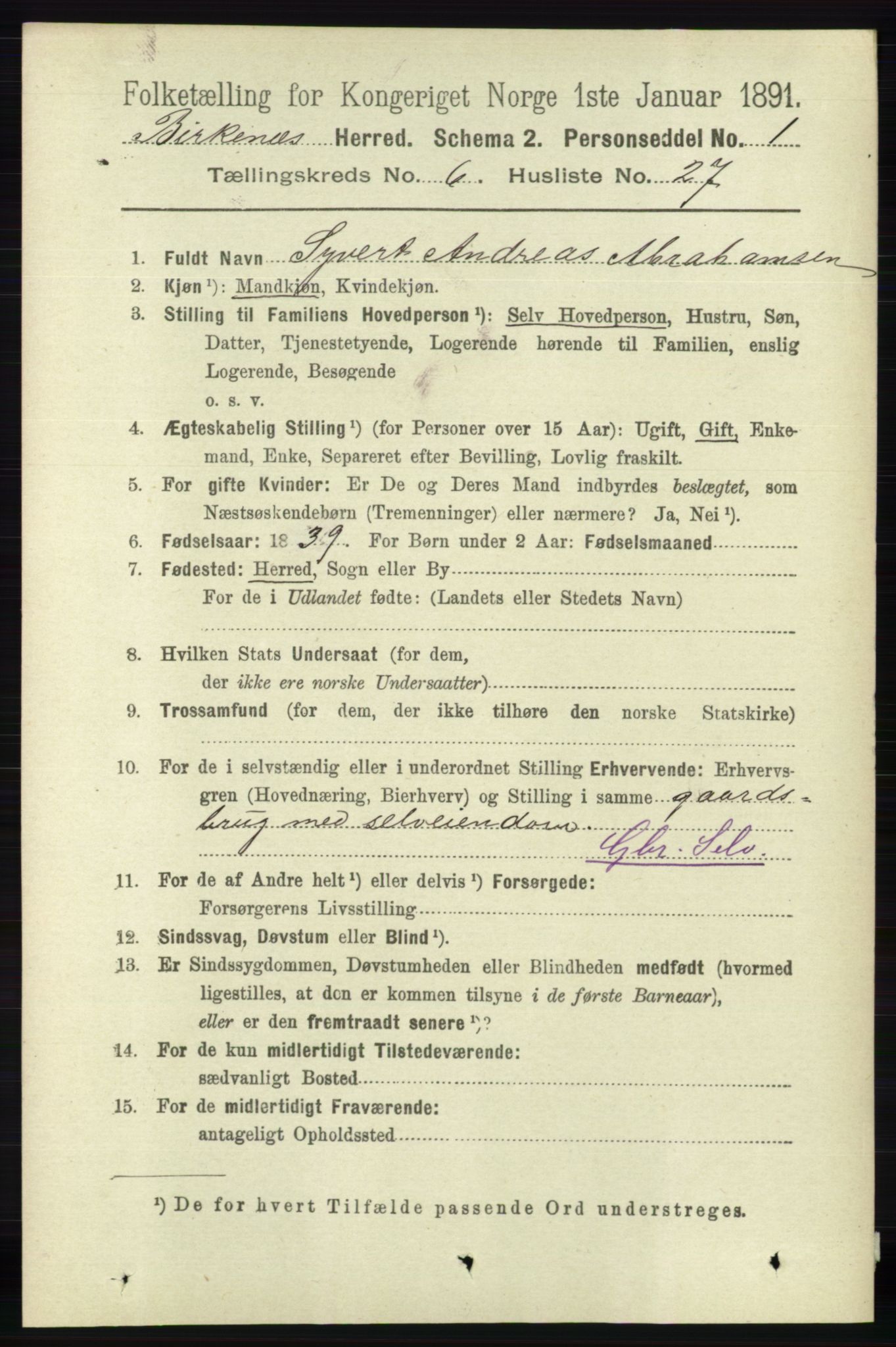 RA, 1891 Census for 0928 Birkenes, 1891, p. 1937