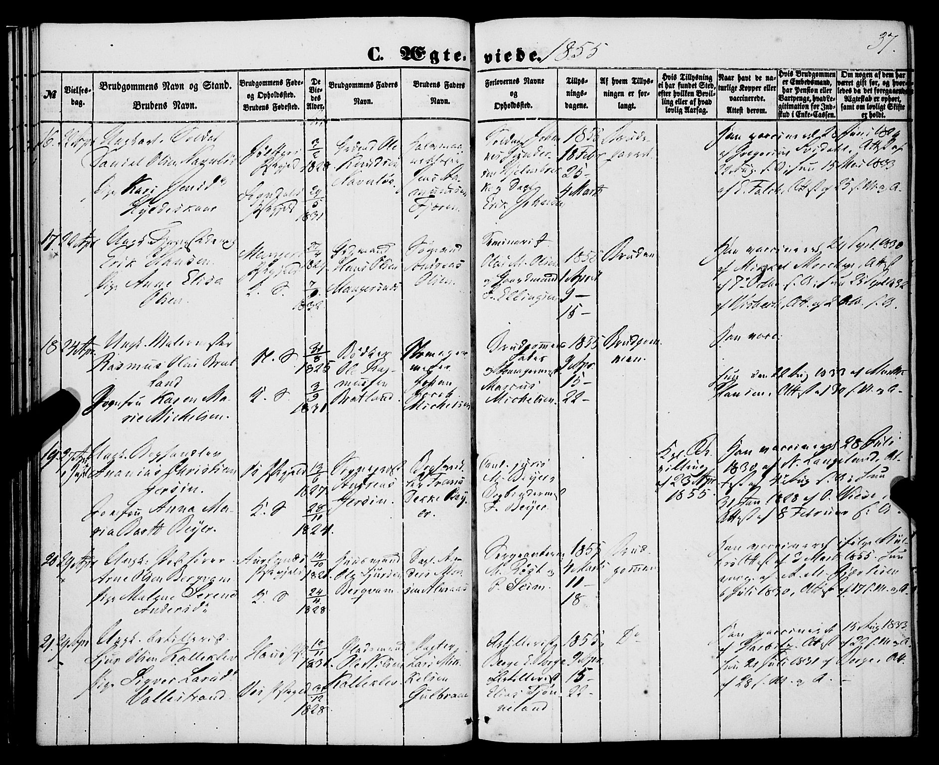 Korskirken sokneprestembete, SAB/A-76101/H/Haa/L0035: Parish register (official) no. D 2, 1852-1867, p. 37