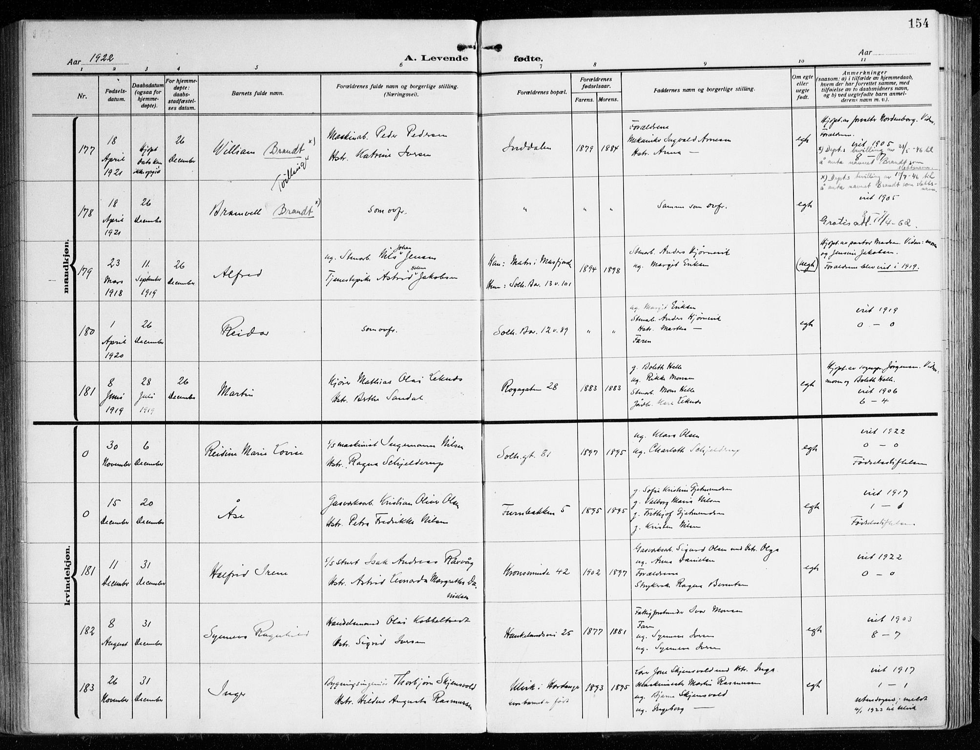 Årstad Sokneprestembete, AV/SAB-A-79301/H/Haa/L0004: Parish register (official) no. A 4, 1919-1928, p. 154