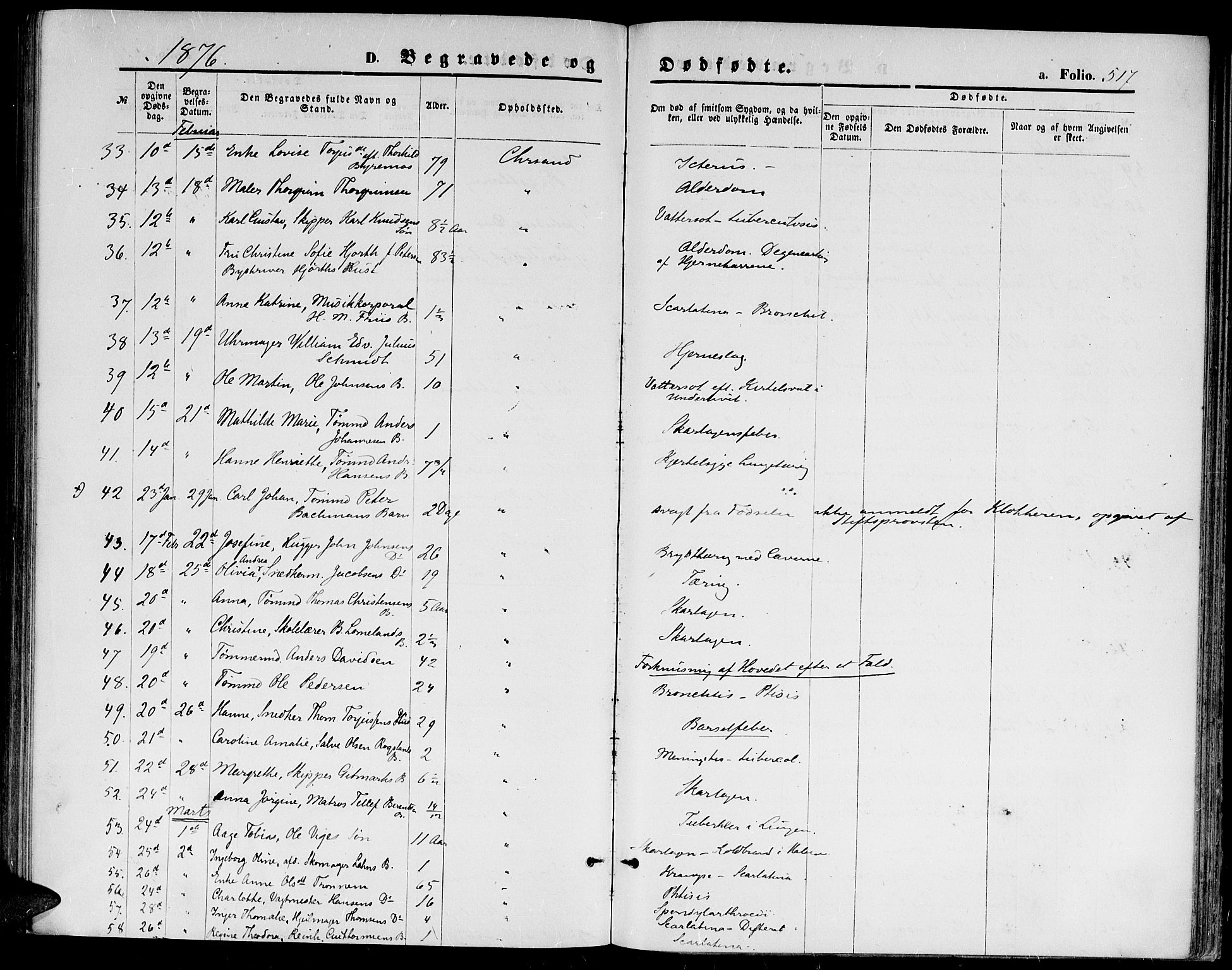 Kristiansand domprosti, AV/SAK-1112-0006/F/Fb/L0013: Parish register (copy) no. B 13, 1871-1880, p. 517