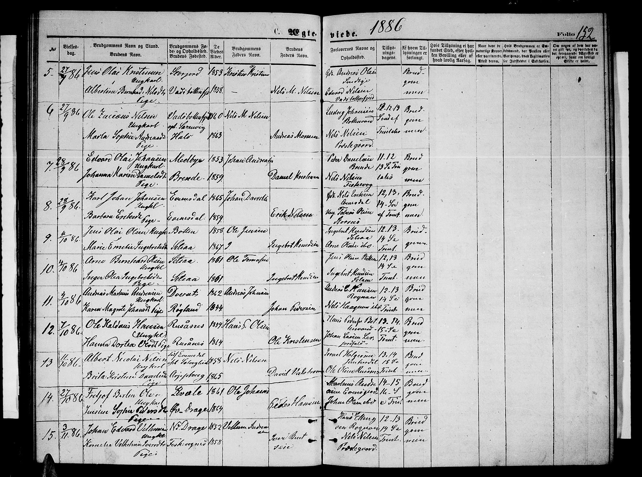 Ministerialprotokoller, klokkerbøker og fødselsregistre - Nordland, SAT/A-1459/847/L0679: Parish register (copy) no. 847C07, 1870-1888, p. 152