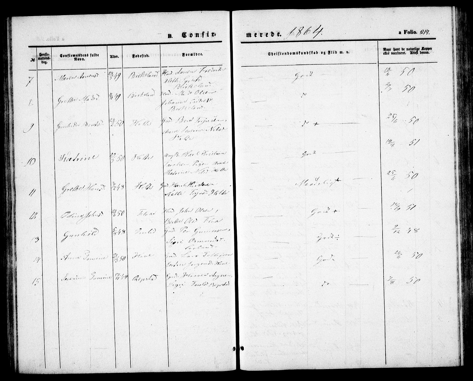 Birkenes sokneprestkontor, AV/SAK-1111-0004/F/Fb/L0002: Parish register (copy) no. B 2, 1849-1876, p. 217