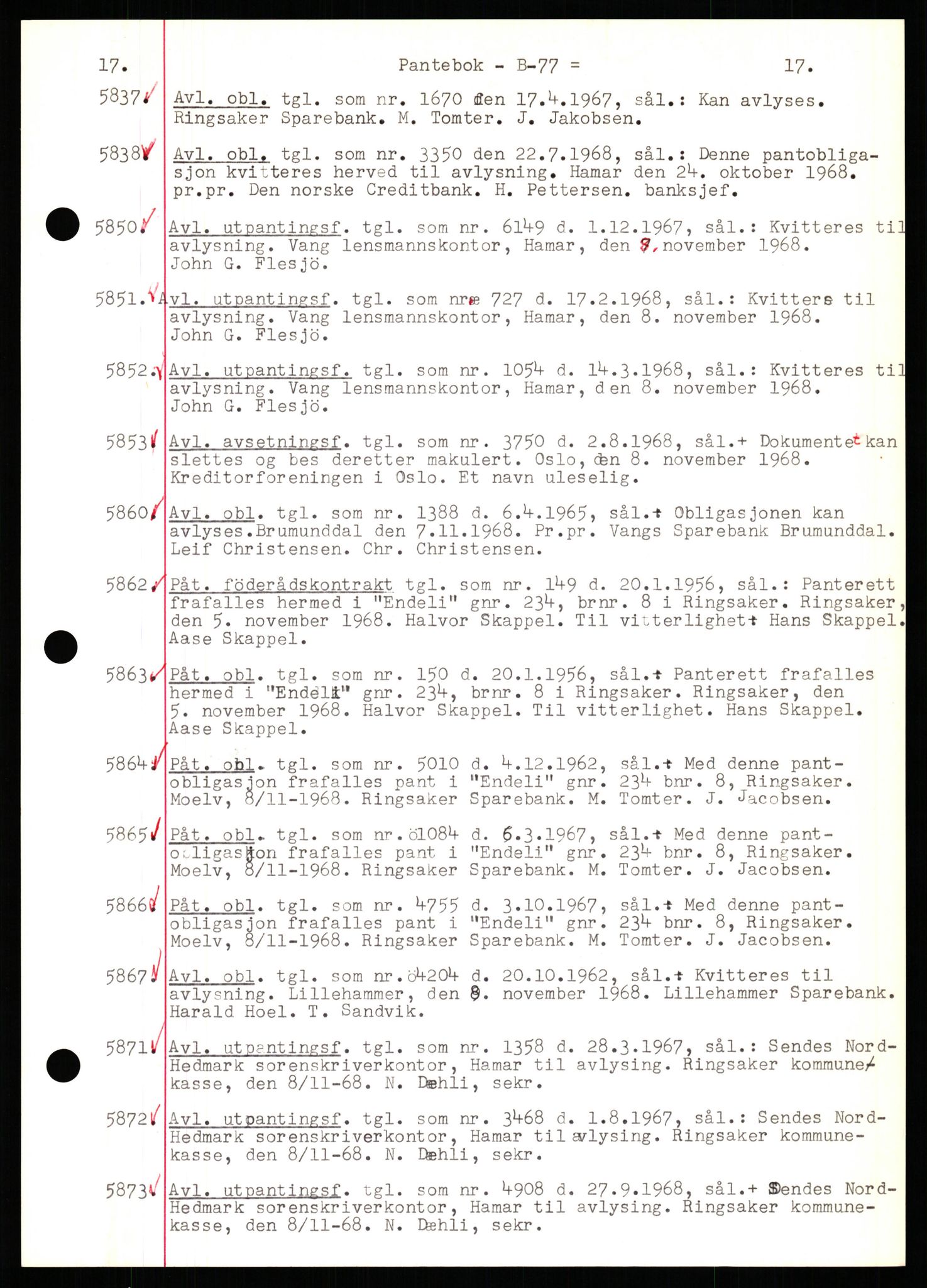 Nord-Hedmark sorenskriveri, SAH/TING-012/H/Hb/Hbf/L0077: Mortgage book no. B77, 1968-1969, Diary no: : 5837/1968