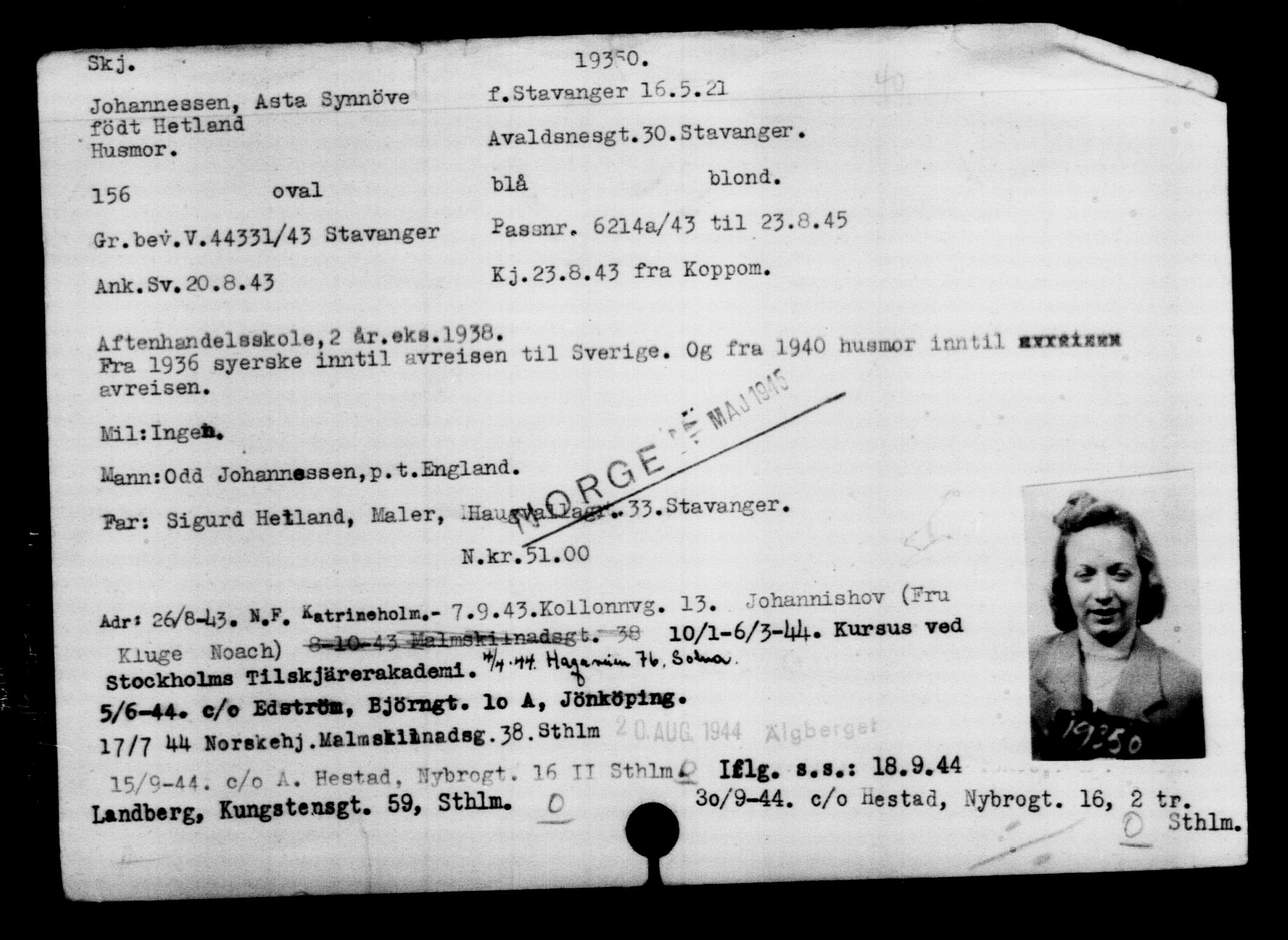 Utenriksstasjonene, Legasjonen i Stockholm, Flyktningkontoret, AV/RA-S-6753/V/Va/L0009: Kjesäterkartoteket, flyktninger med registreringsnr. 18502-22048, 1940-1945, p. 996