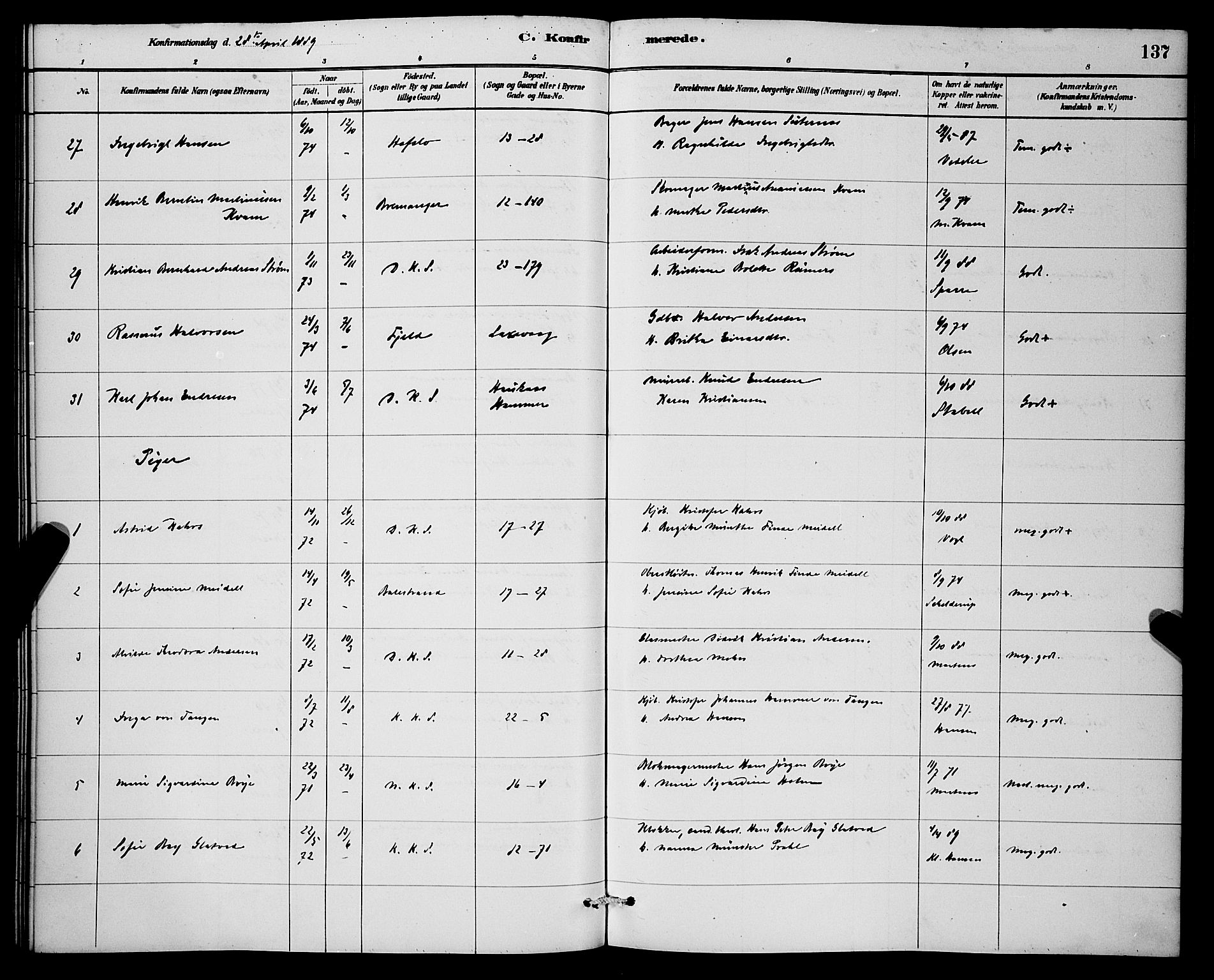 Korskirken sokneprestembete, AV/SAB-A-76101/H/Hab: Parish register (copy) no. C 3, 1880-1892, p. 137