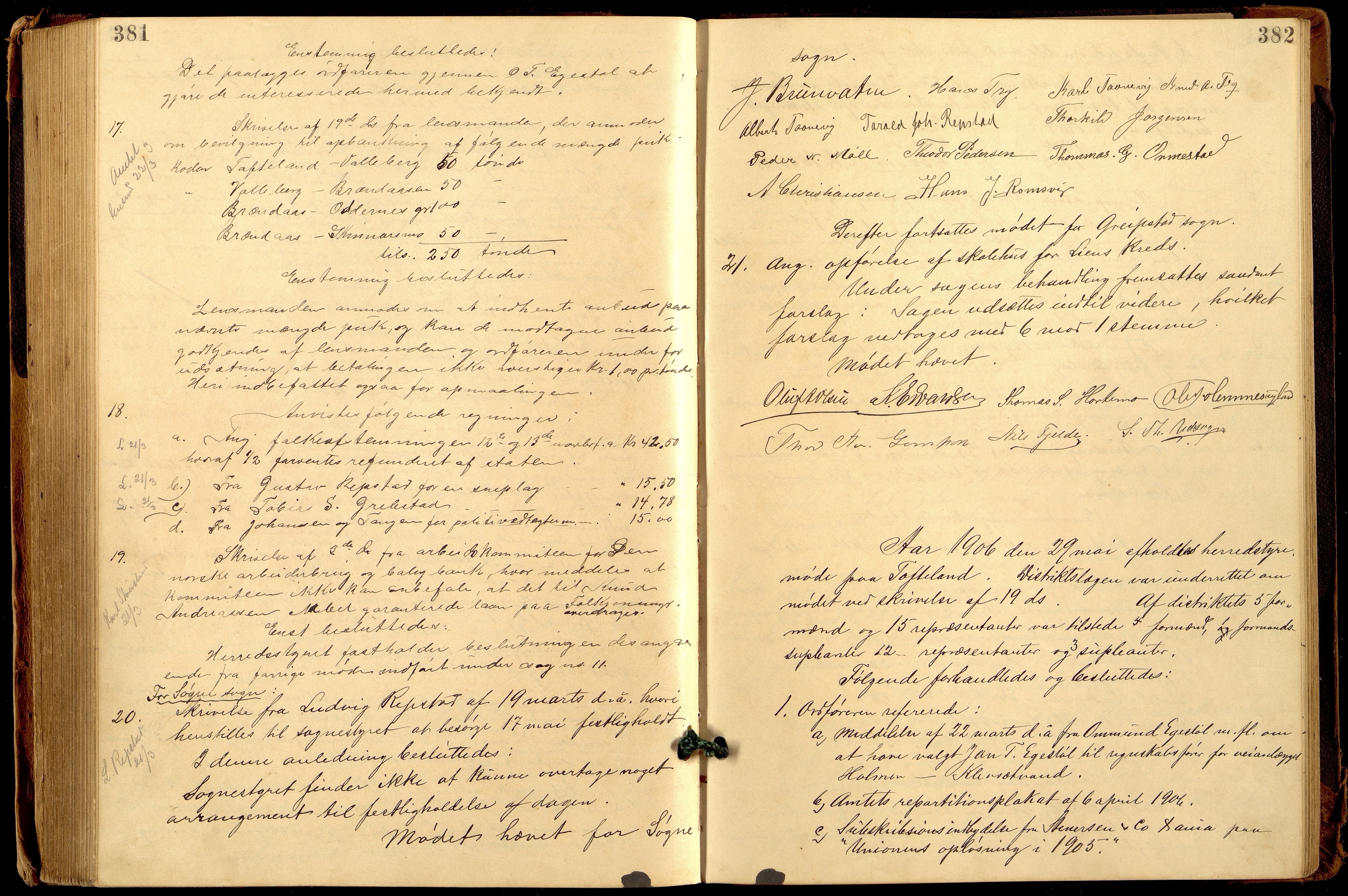 Søgne og Greipstad kommune - Formannskapet, ARKSOR/1018SG120/A/L0006: Møtebok (d), 1901-1909, p. 381-382