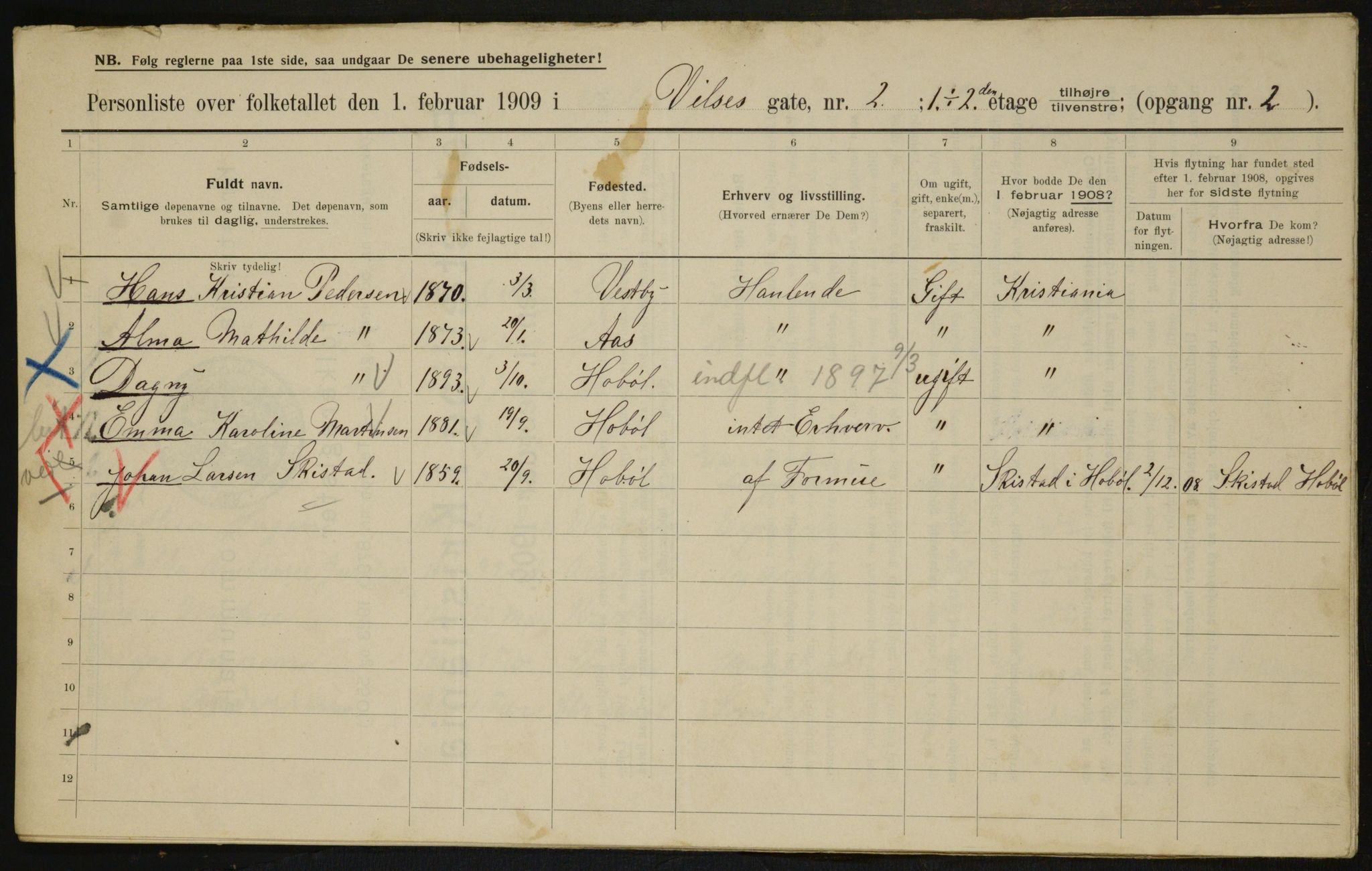 OBA, Municipal Census 1909 for Kristiania, 1909, p. 116435