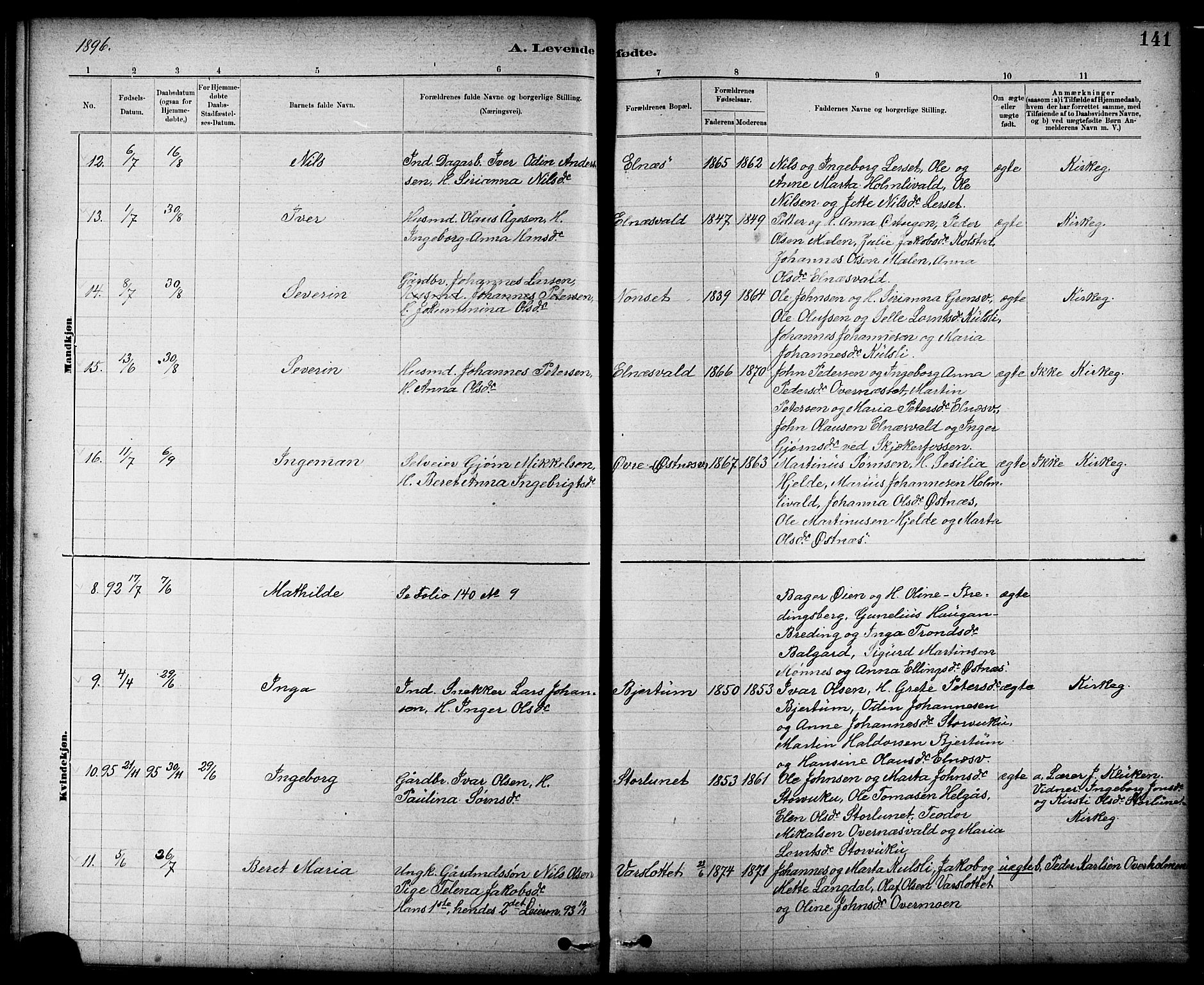 Ministerialprotokoller, klokkerbøker og fødselsregistre - Nord-Trøndelag, AV/SAT-A-1458/724/L0267: Parish register (copy) no. 724C03, 1879-1898, p. 141