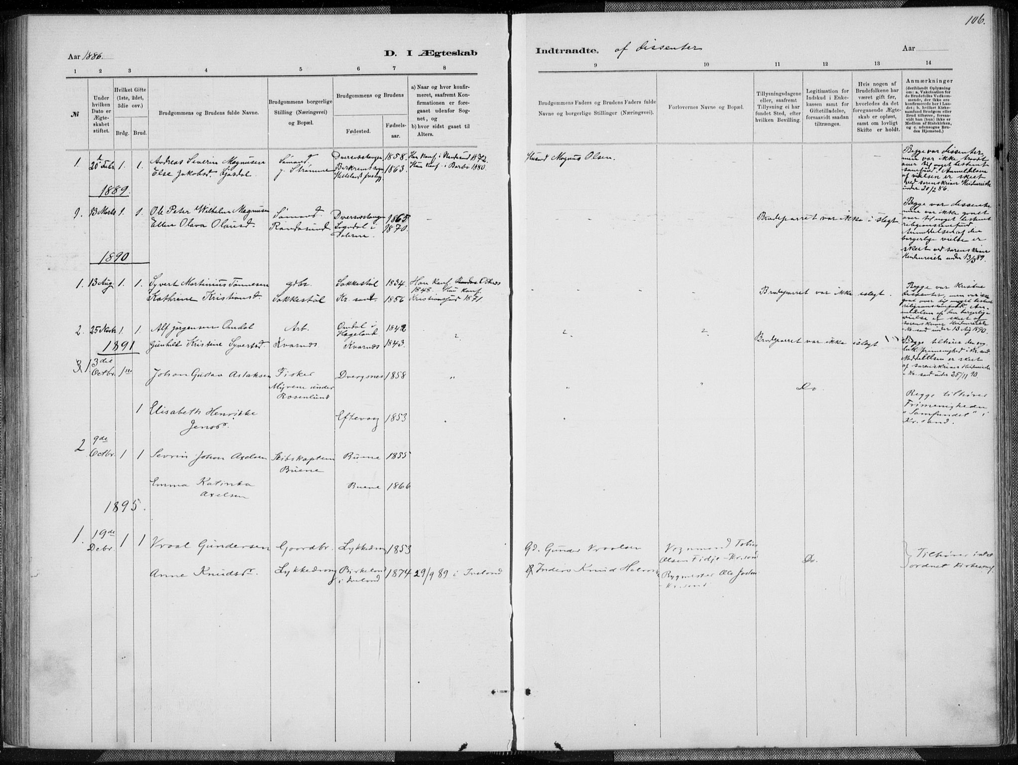 Oddernes sokneprestkontor, AV/SAK-1111-0033/F/Fa/Fab/L0002: Parish register (official) no. A 2, 1884-1903, p. 106