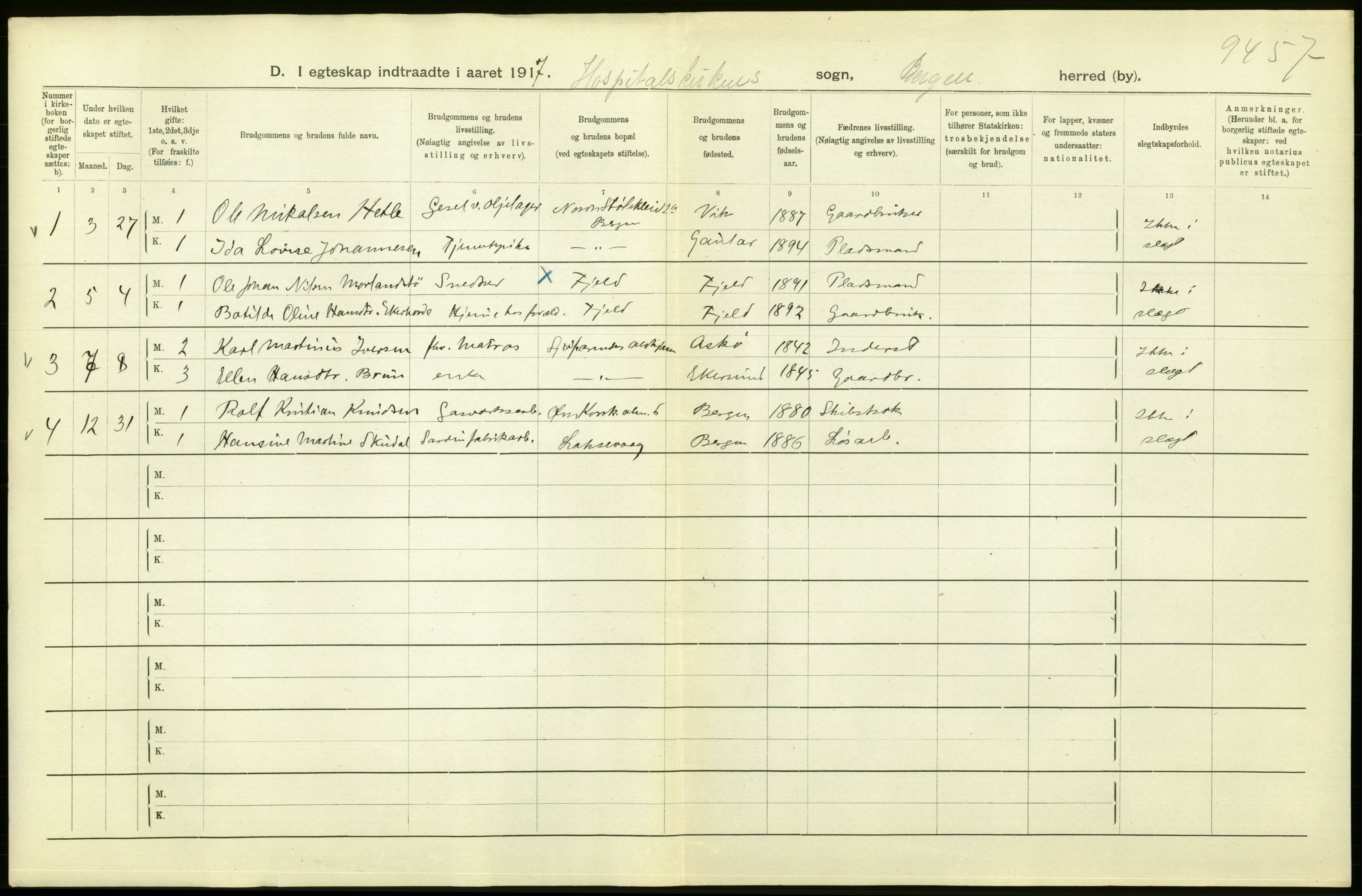 Statistisk sentralbyrå, Sosiodemografiske emner, Befolkning, RA/S-2228/D/Df/Dfb/Dfbg/L0038: Bergen: Gifte, døde, dødfødte., 1917, p. 302