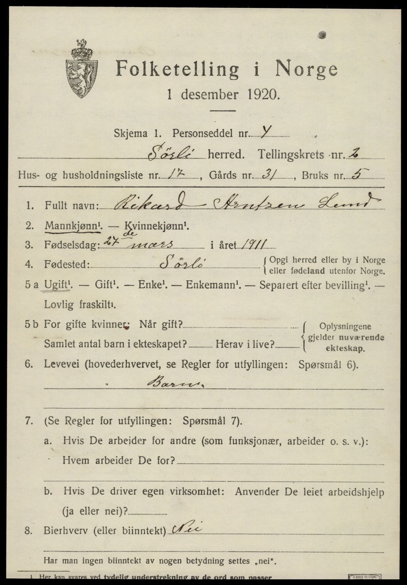 SAT, 1920 census for Sørli, 1920, p. 1059