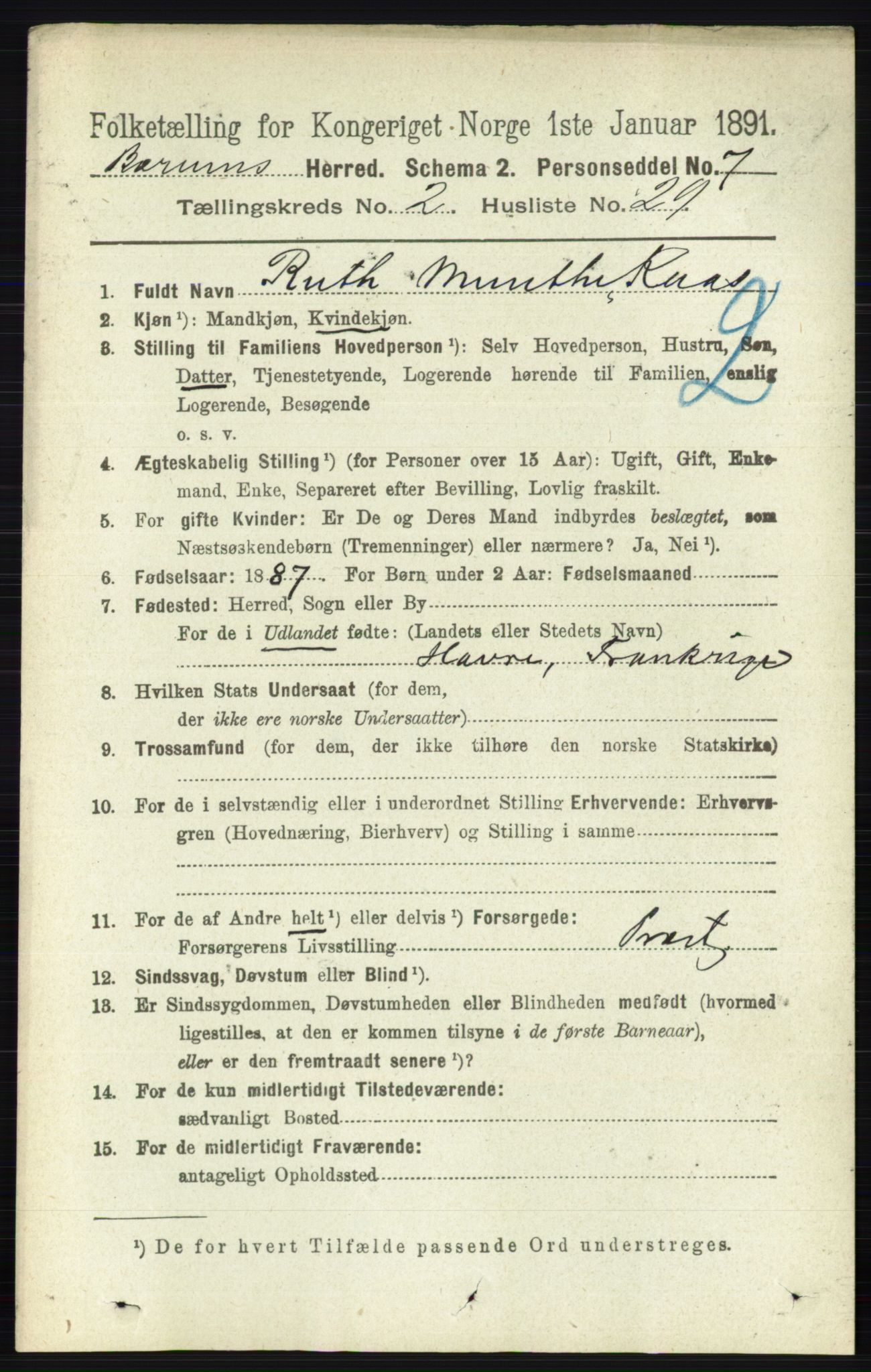 RA, 1891 census for 0219 Bærum, 1891, p. 1291