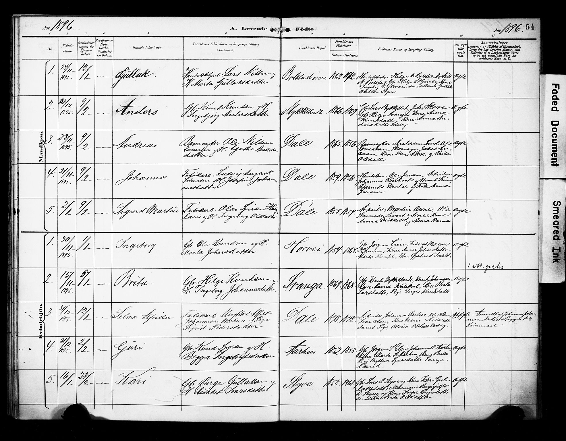 Evanger sokneprestembete, SAB/A-99924: Parish register (official) no. A 2, 1892-1899, p. 54