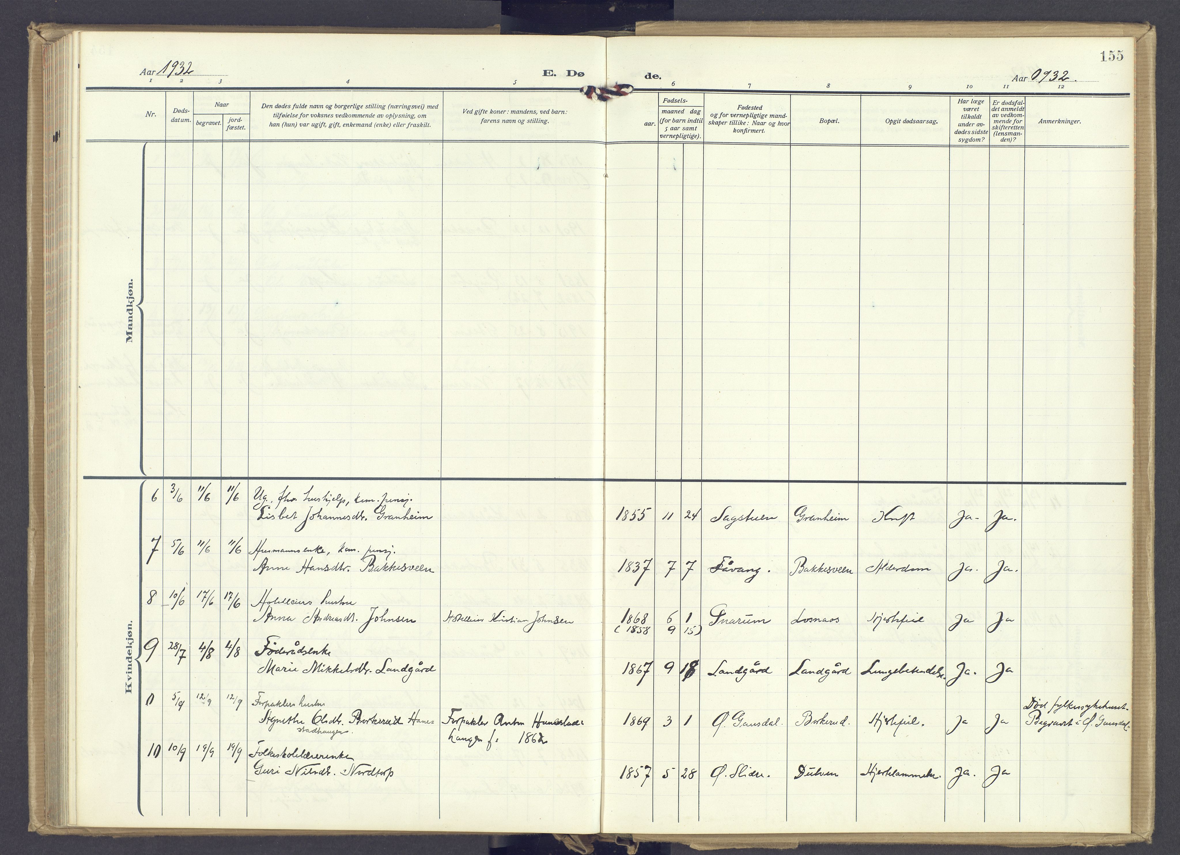 Øyer prestekontor, SAH/PREST-084/H/Ha/Haa/L0014: Parish register (official) no. 14, 1919-1932, p. 155