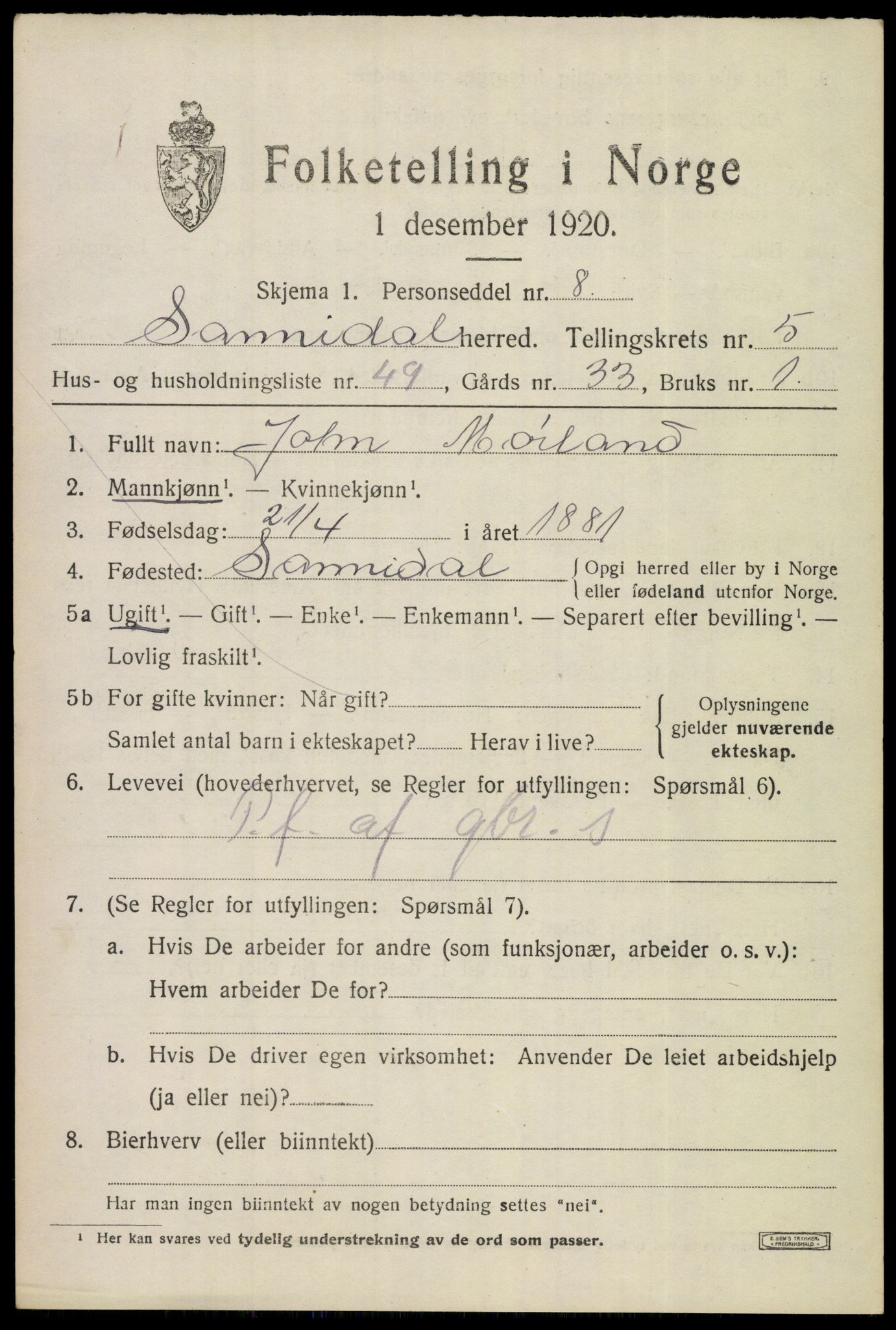 SAKO, 1920 census for Sannidal, 1920, p. 4673