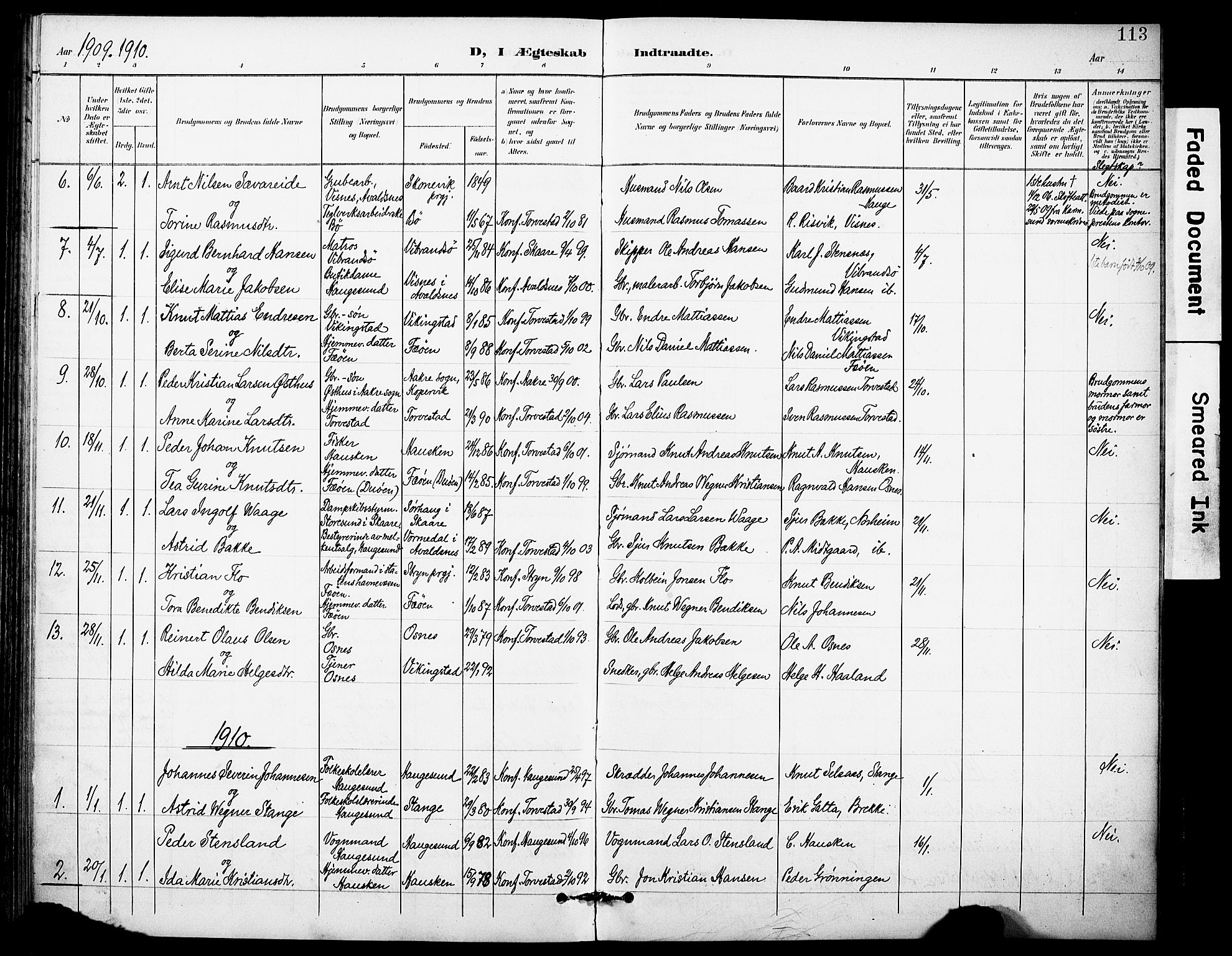 Torvastad sokneprestkontor, SAST/A -101857/H/Ha/Haa/L0017: Parish register (official) no. A 16, 1899-1911, p. 113