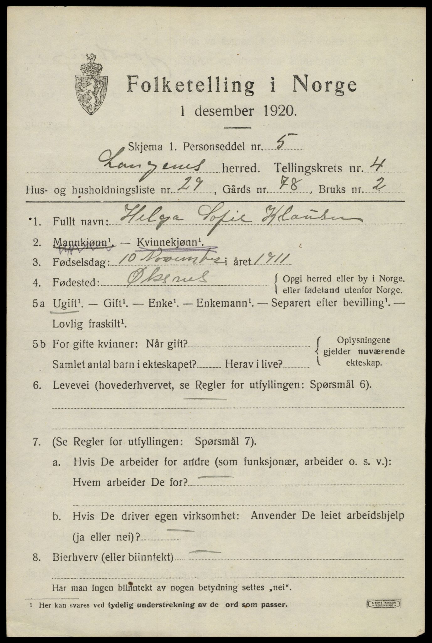 SAT, 1920 census for Langenes, 1920, p. 1954