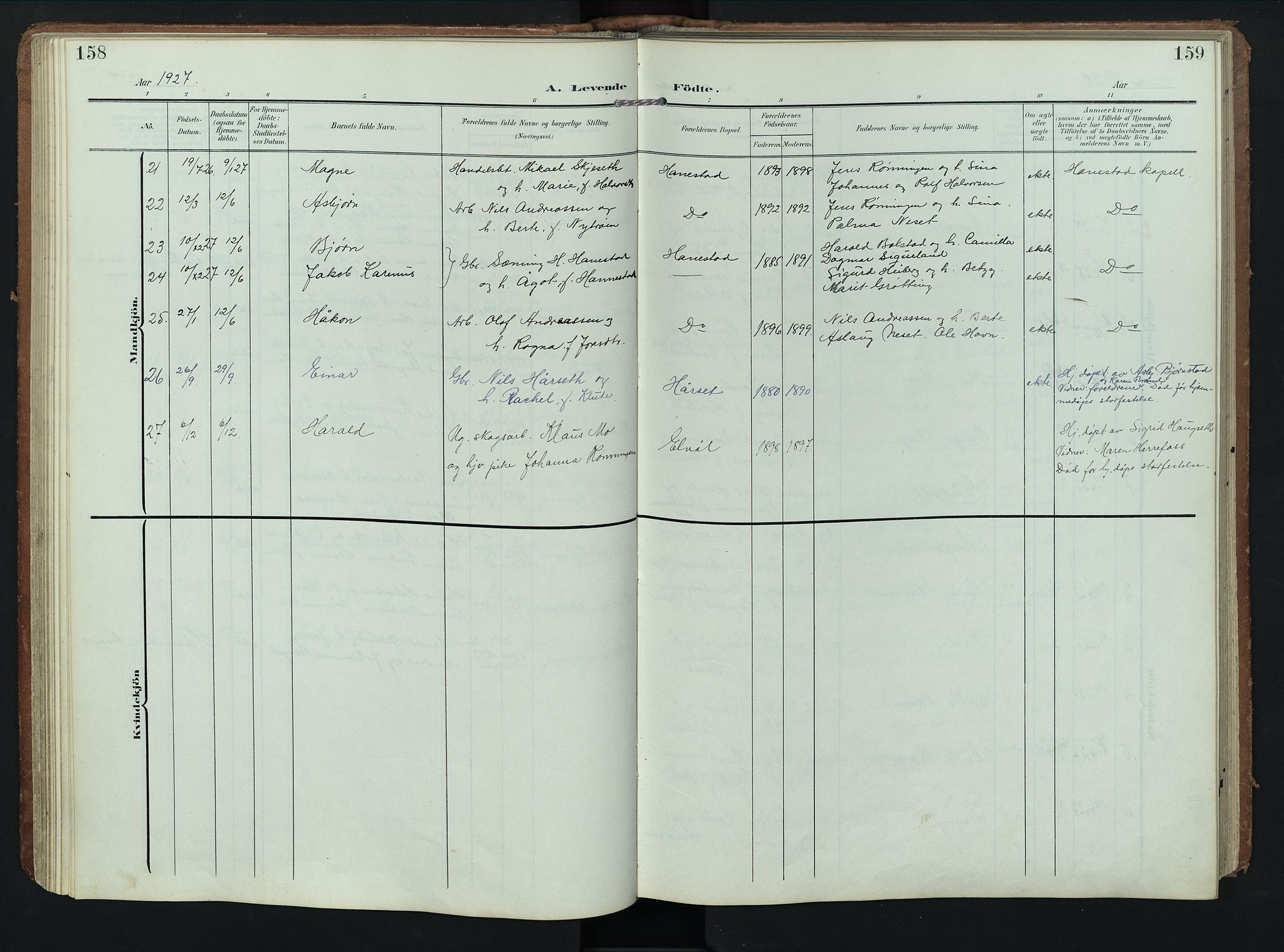 Rendalen prestekontor, AV/SAH-PREST-054/H/Ha/Hab/L0004: Parish register (copy) no. 4, 1904-1946, p. 158-159