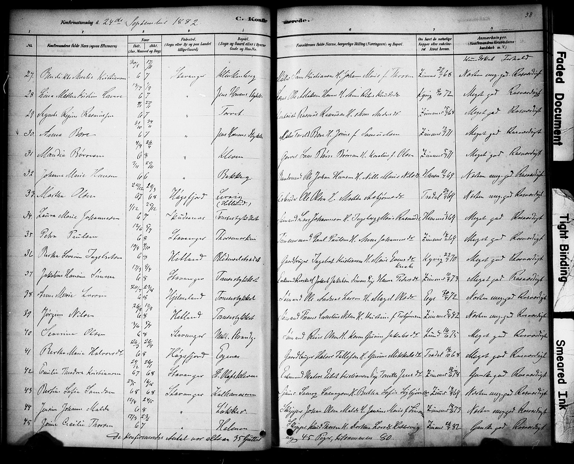 Domkirken sokneprestkontor, SAST/A-101812/001/30/30BA/L0028: Parish register (official) no. A 27, 1878-1896, p. 38