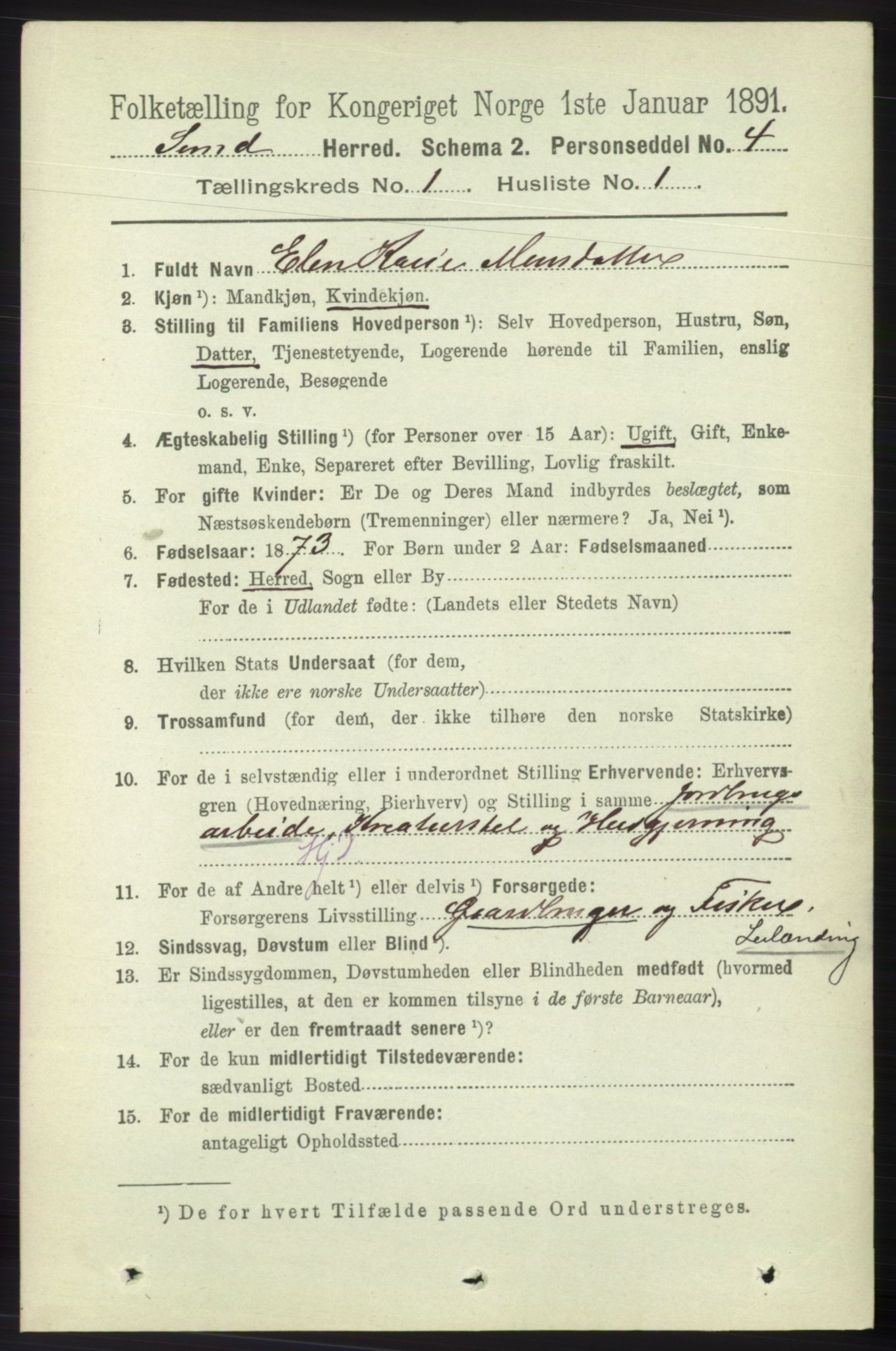 RA, 1891 census for 1245 Sund, 1891, p. 92