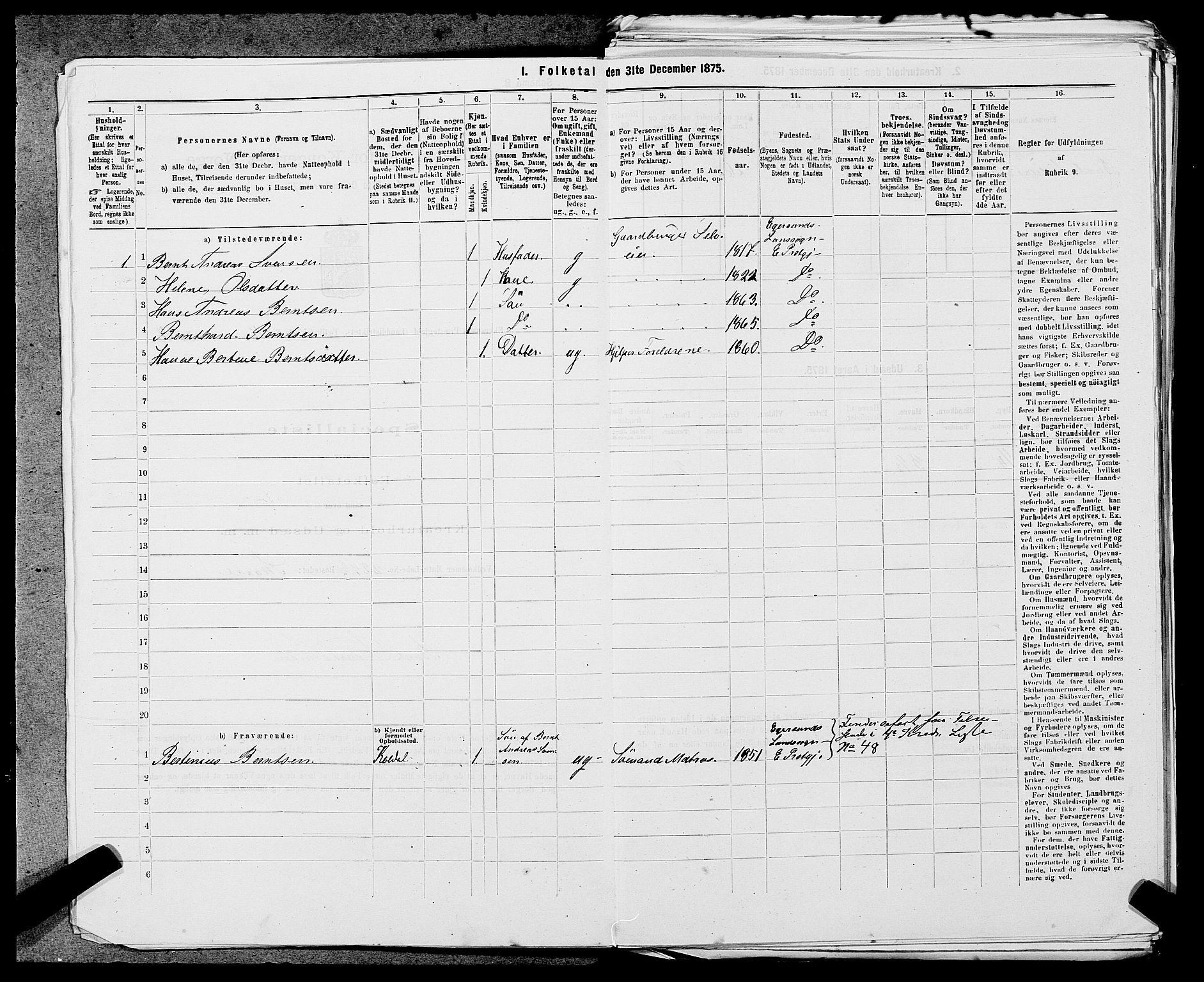 SAST, 1875 census for 1116L Eigersund/Eigersund og Ogna, 1875, p. 399