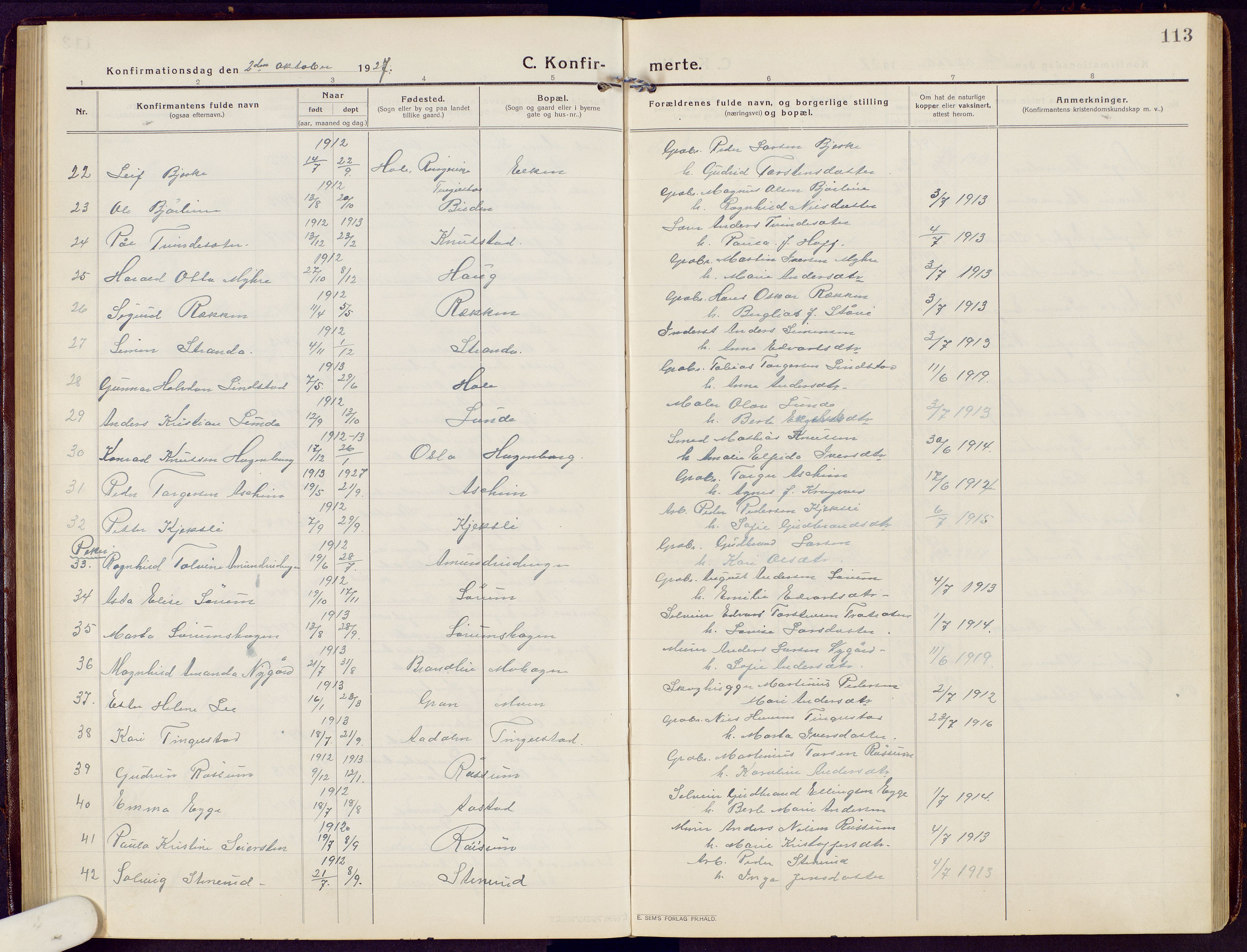 Brandbu prestekontor, AV/SAH-PREST-114/H/Ha/Hab/L0010: Parish register (copy) no. 10, 1916-1930, p. 113