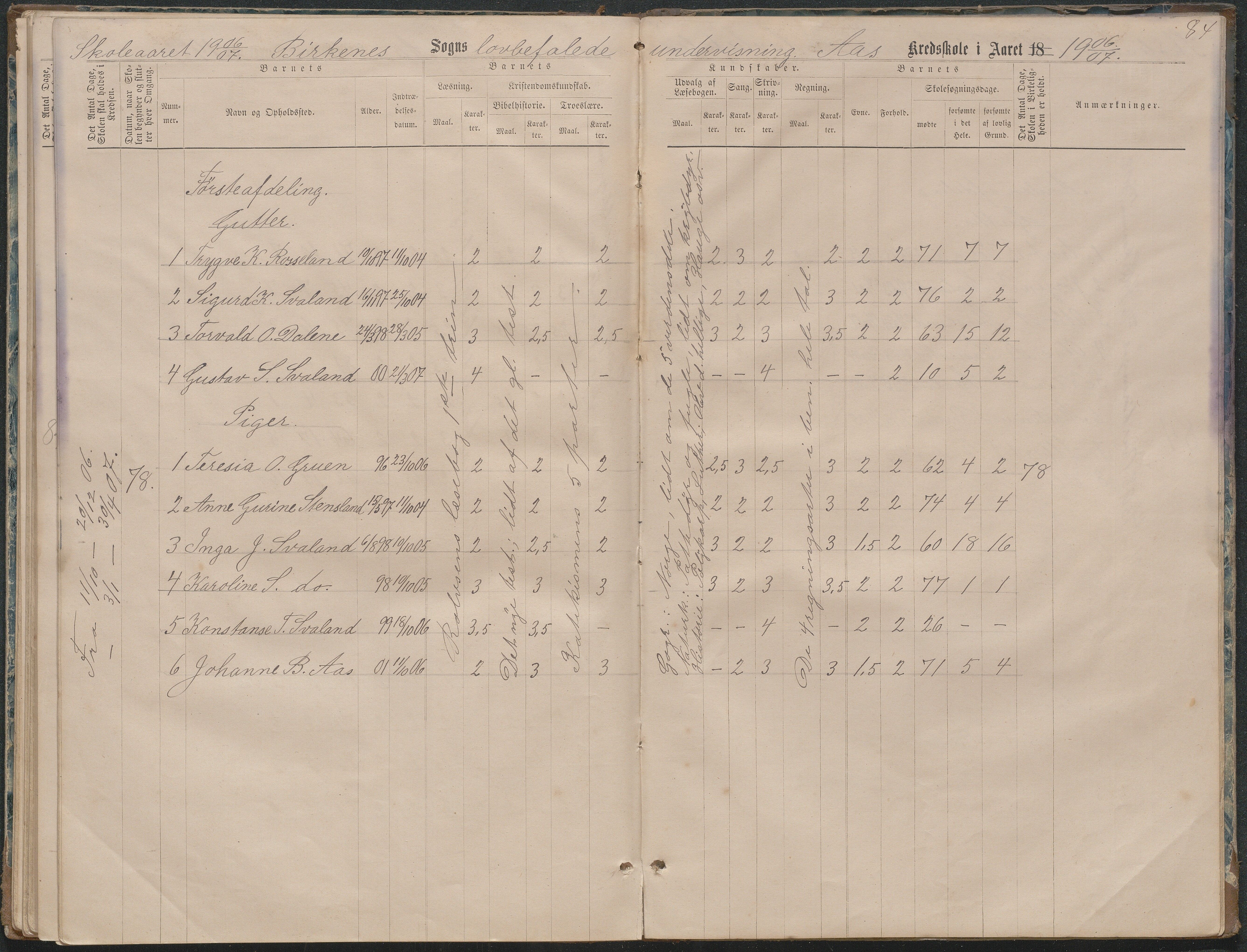 Birkenes kommune, Ås/Svaland skolekrets, AAKS/KA0928-550i_91/F02/L0001: Skoleprotokoll Svaland, Skjerkilen, Ås, 1875-1914, p. 84