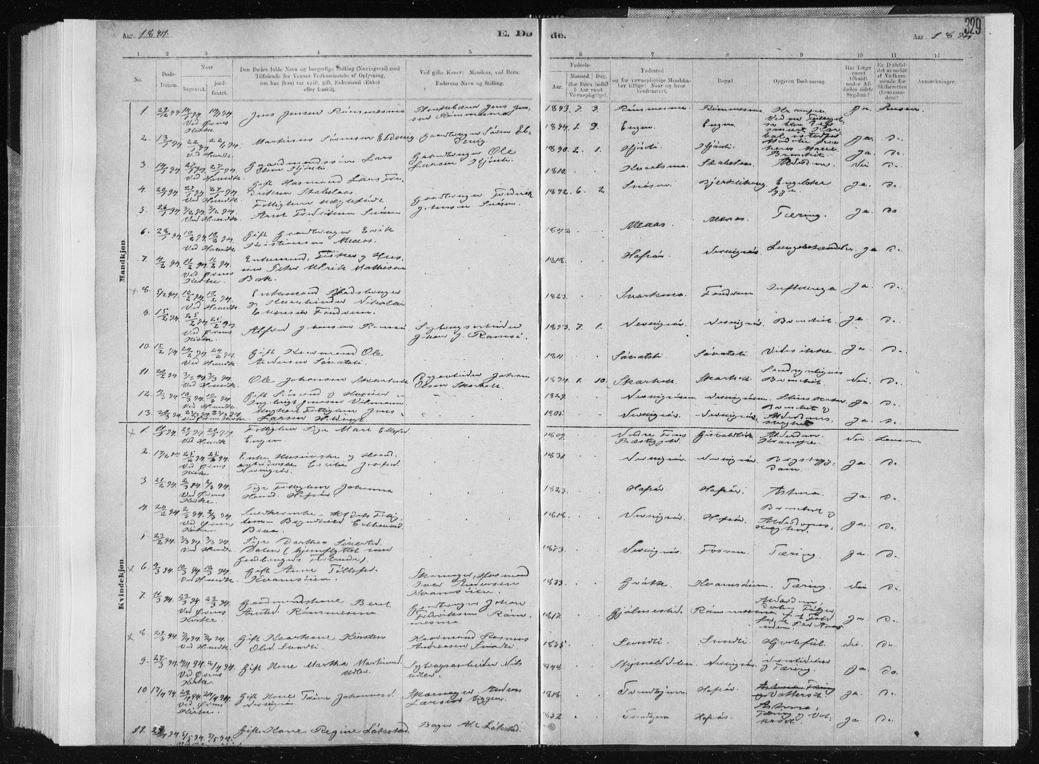 Ministerialprotokoller, klokkerbøker og fødselsregistre - Sør-Trøndelag, SAT/A-1456/668/L0818: Parish register (copy) no. 668C07, 1885-1898, p. 329