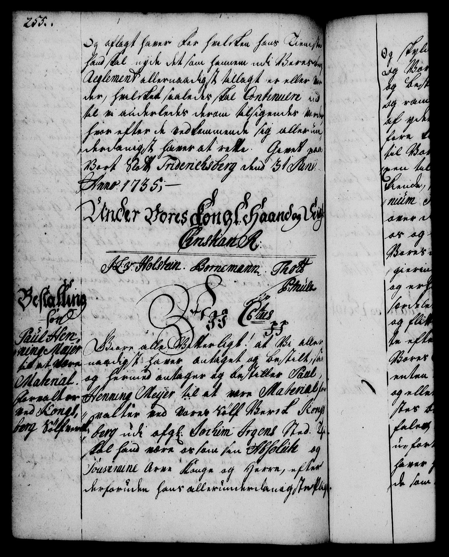 Rentekammeret, Kammerkanselliet, RA/EA-3111/G/Gg/Gge/L0002: Norsk bestallingsprotokoll med register (merket RK 53.26), 1730-1744, p. 255
