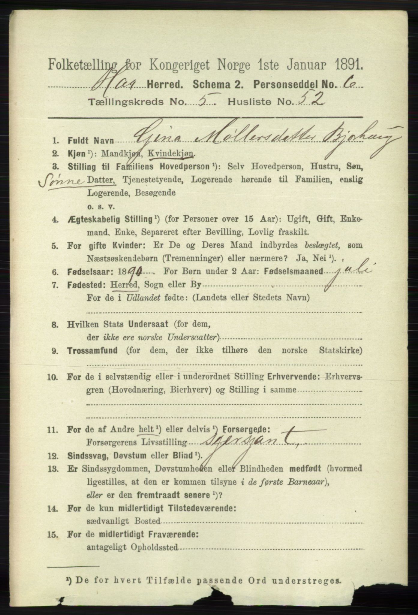 RA, 1891 census for 1119 Hå, 1891, p. 1685