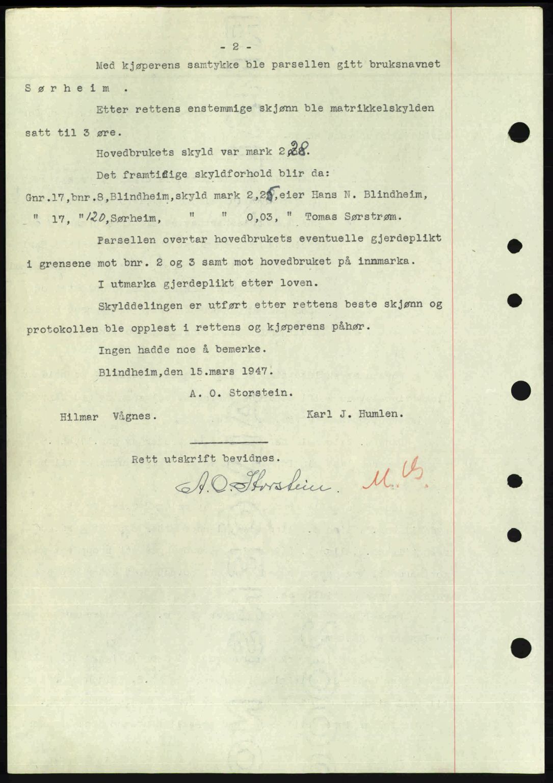 Nordre Sunnmøre sorenskriveri, AV/SAT-A-0006/1/2/2C/2Ca: Mortgage book no. A24, 1947-1947, Diary no: : 485/1947