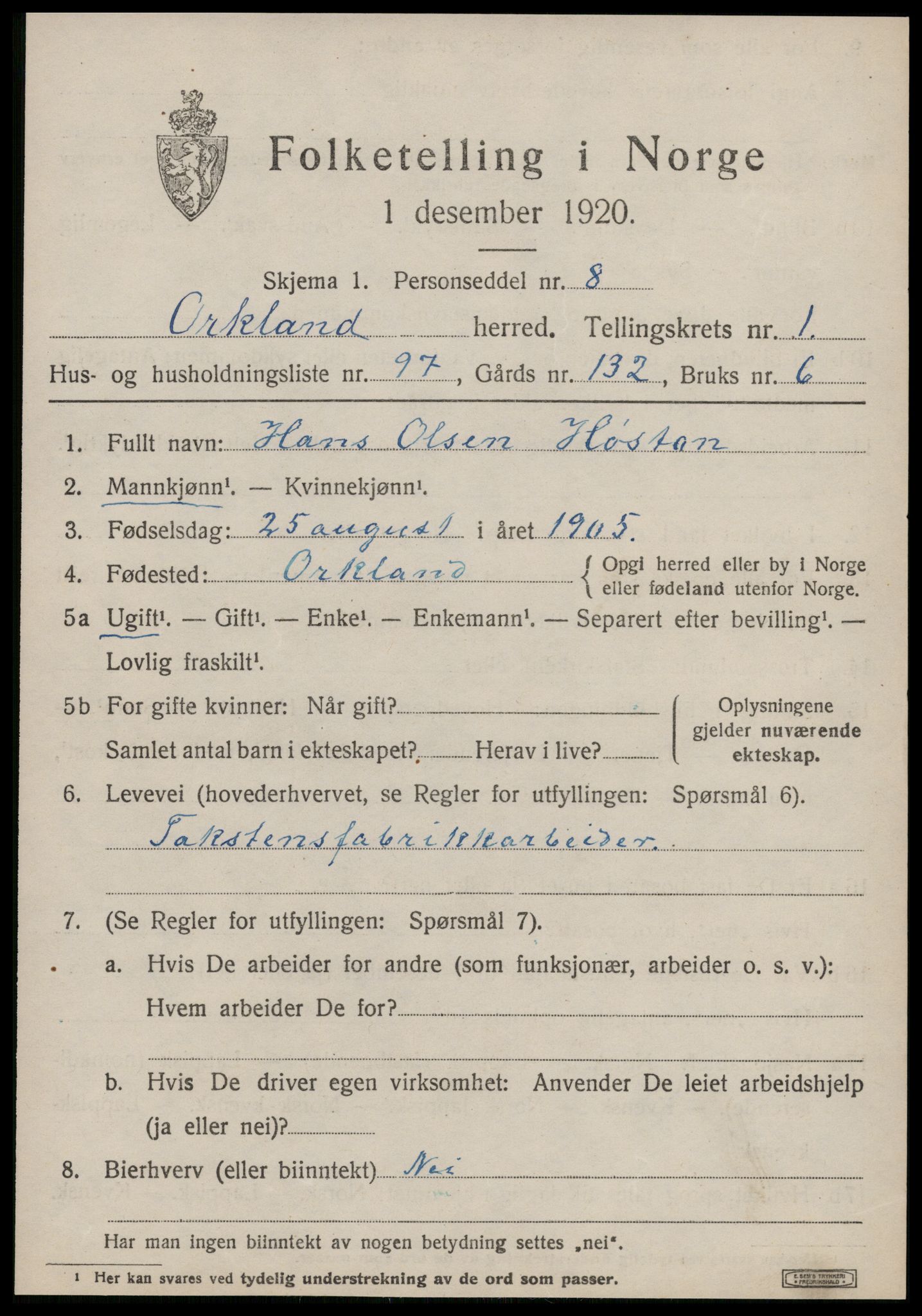 SAT, 1920 census for Orkland, 1920, p. 1668