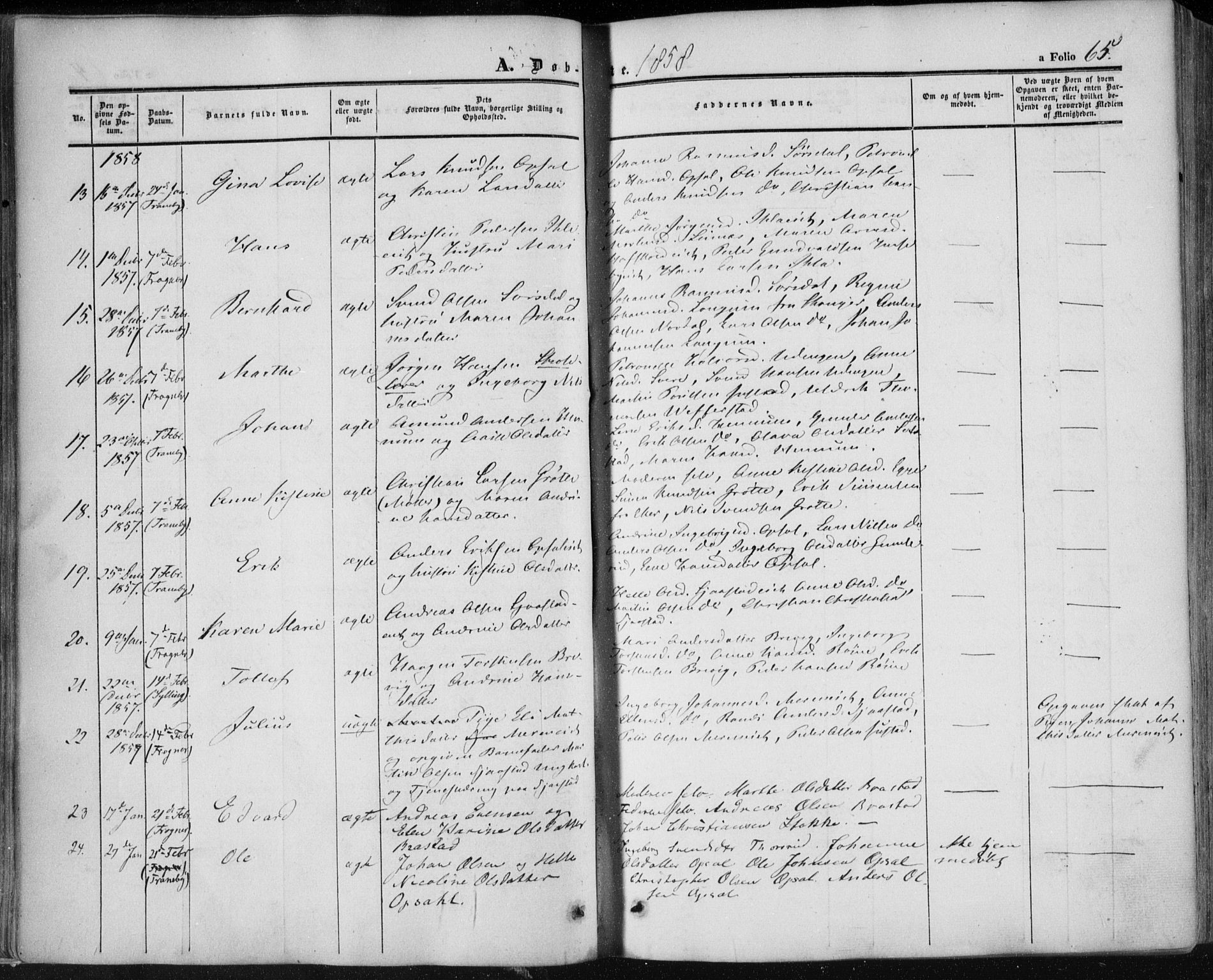 Lier kirkebøker, AV/SAKO-A-230/F/Fa/L0012: Parish register (official) no. I 12, 1854-1864, p. 65