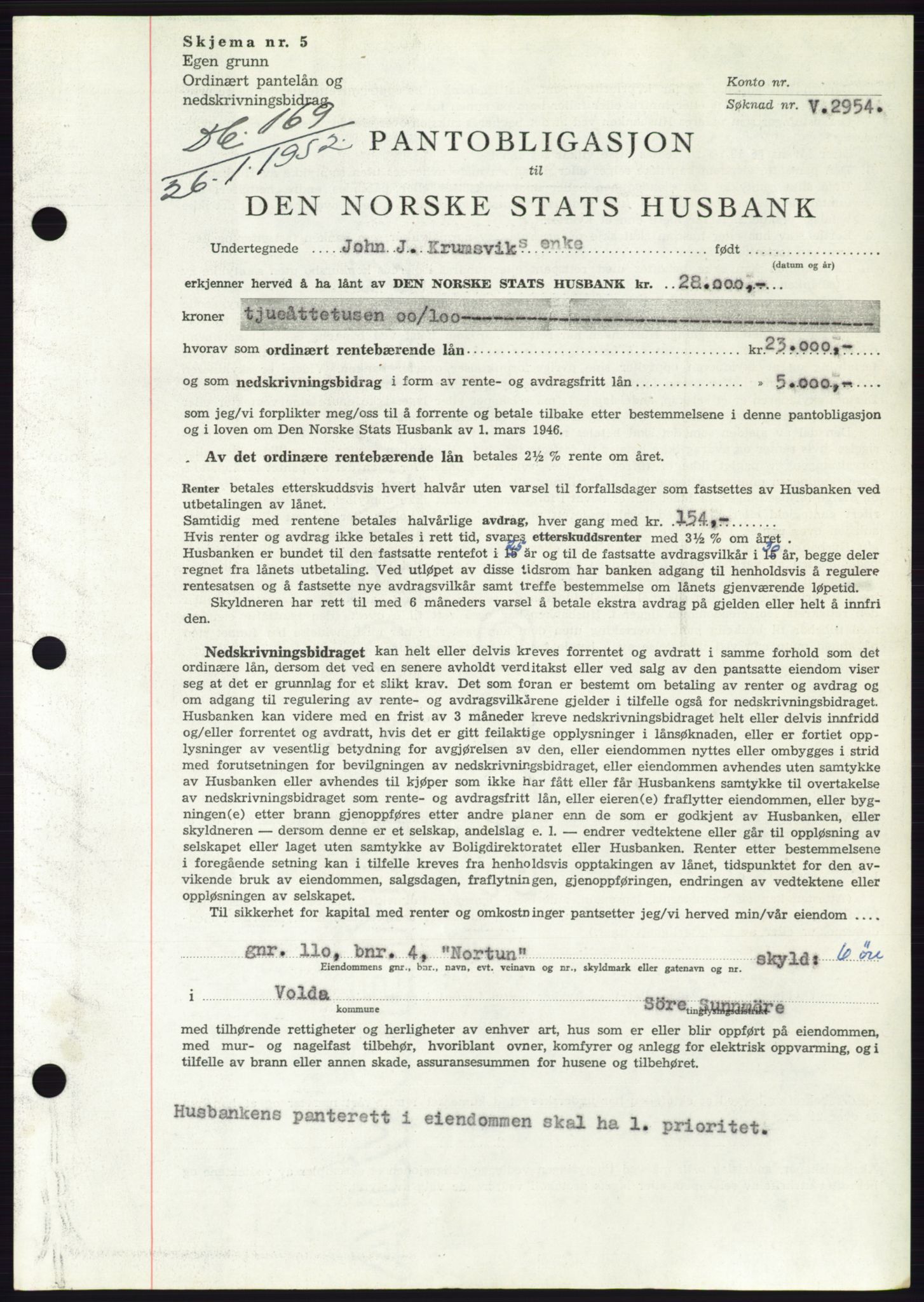 Søre Sunnmøre sorenskriveri, AV/SAT-A-4122/1/2/2C/L0121: Mortgage book no. 9B, 1951-1952, Diary no: : 169/1952