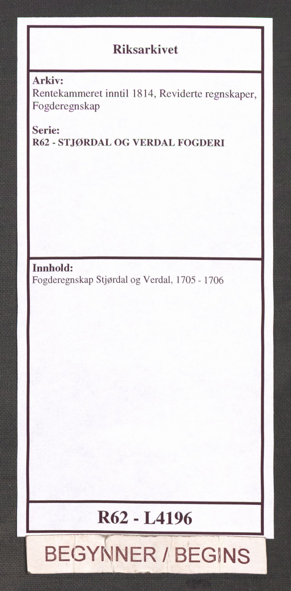 Rentekammeret inntil 1814, Reviderte regnskaper, Fogderegnskap, AV/RA-EA-4092/R62/L4196: Fogderegnskap Stjørdal og Verdal, 1705-1706, p. 1